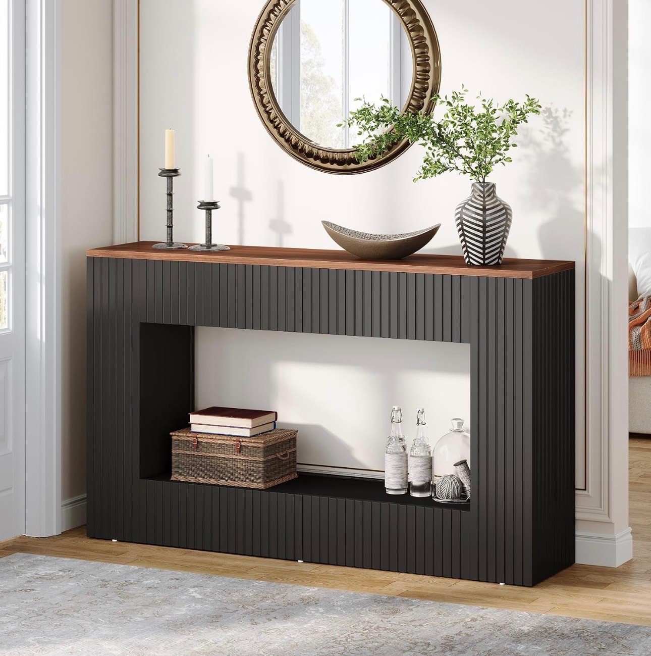 Modern Console Table – Black Fluted, Walnut Top – New - photo 4