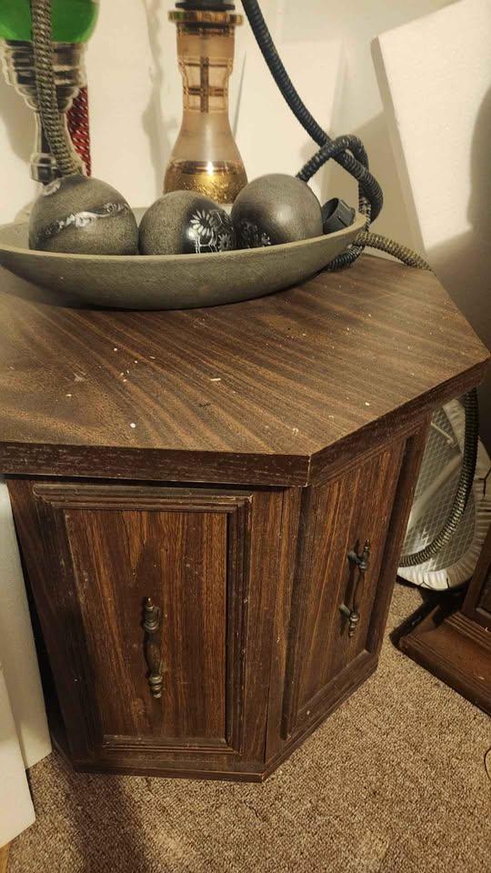 Vintage Hexagonal Wooden End Table with Cabinet Doors - photo 2