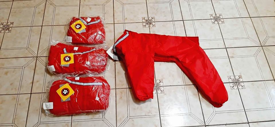 Various sized dog bodysuits jackets in red. Raincoats