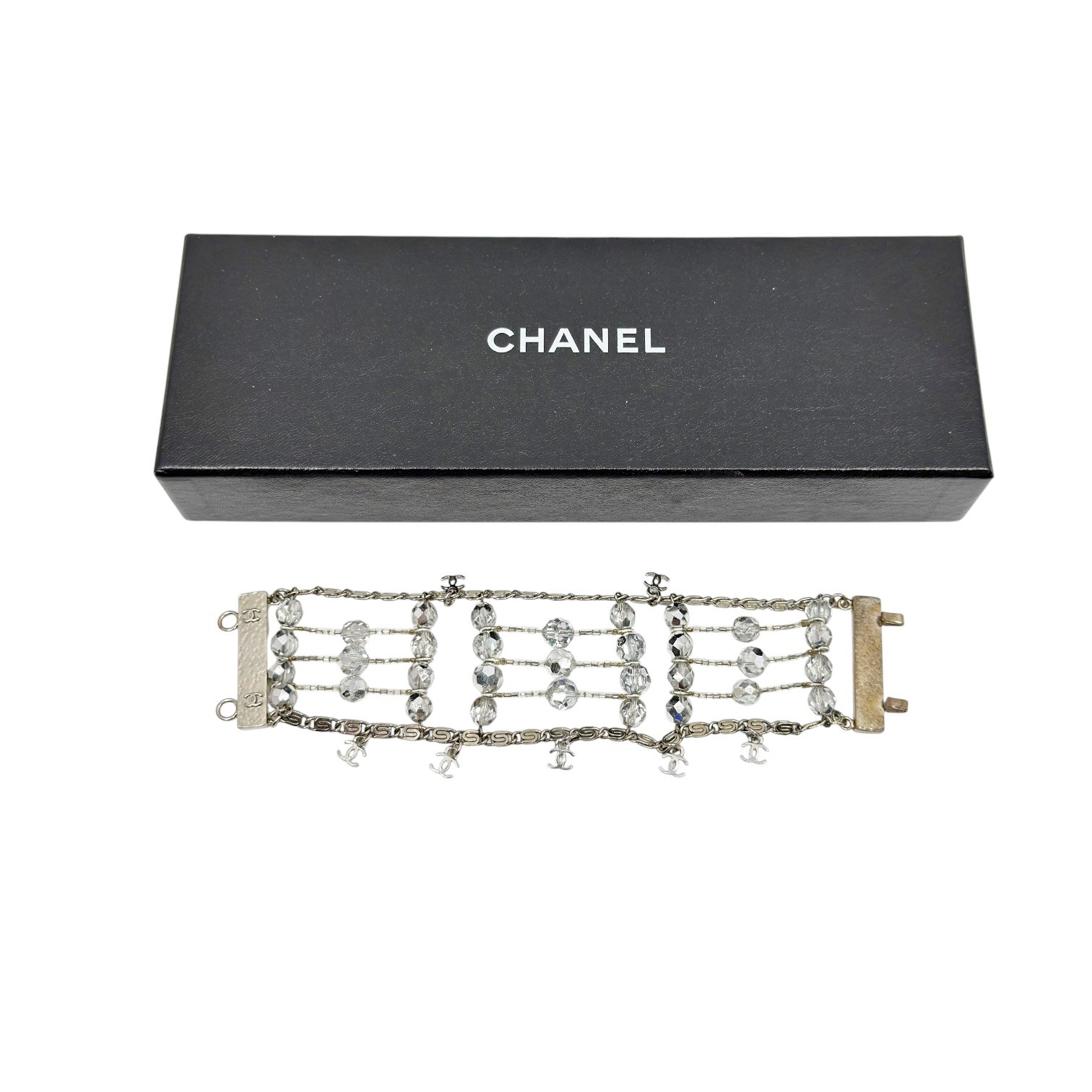Vintage Chanel CC silver crystal bead Multistrand bracelet - photo 3