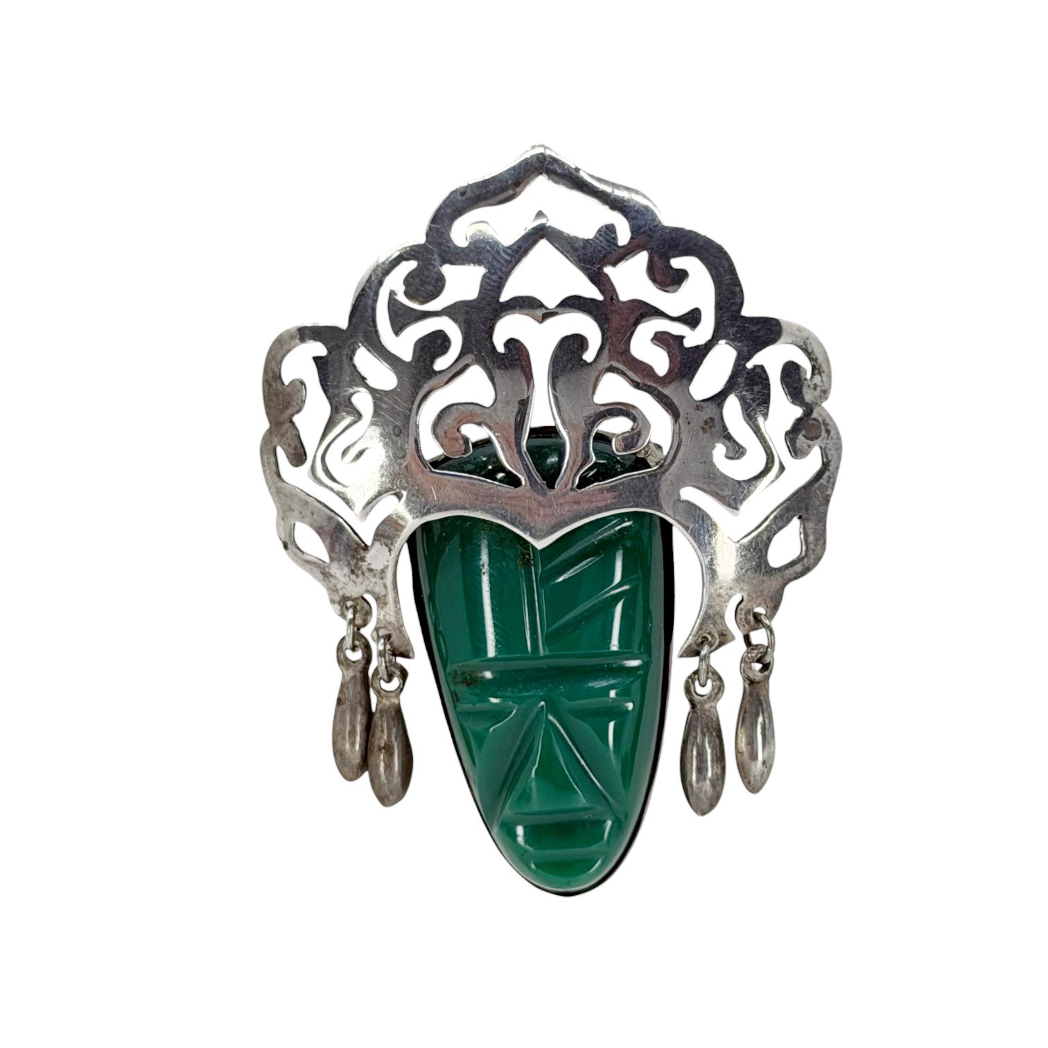 Vintage Mexican sterling silver carved chrysoprase mask brooch - photo 2