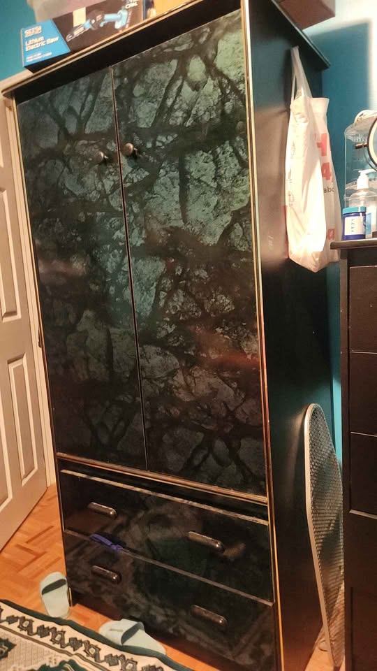 Vintage Black Lacquer Armoire Wardrobe, Faux-Marble & Gold Trim