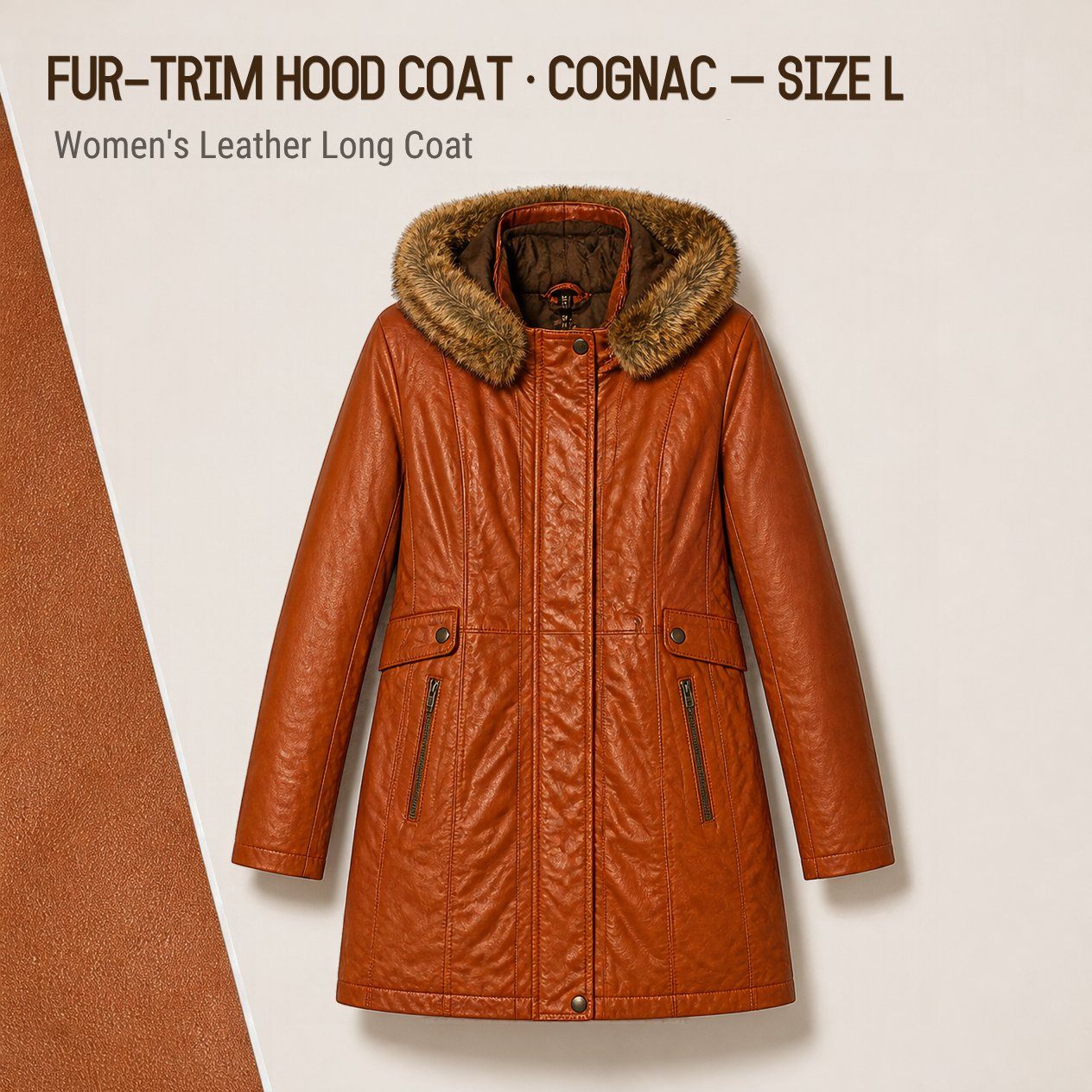 JKT-001 — Women's leather hooded long coat — brand new, size L