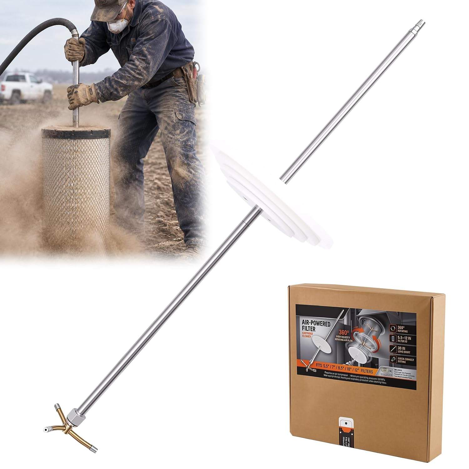 Air Filter Cleaner Tool with 360° Rotating Nozzle, Quick Connect