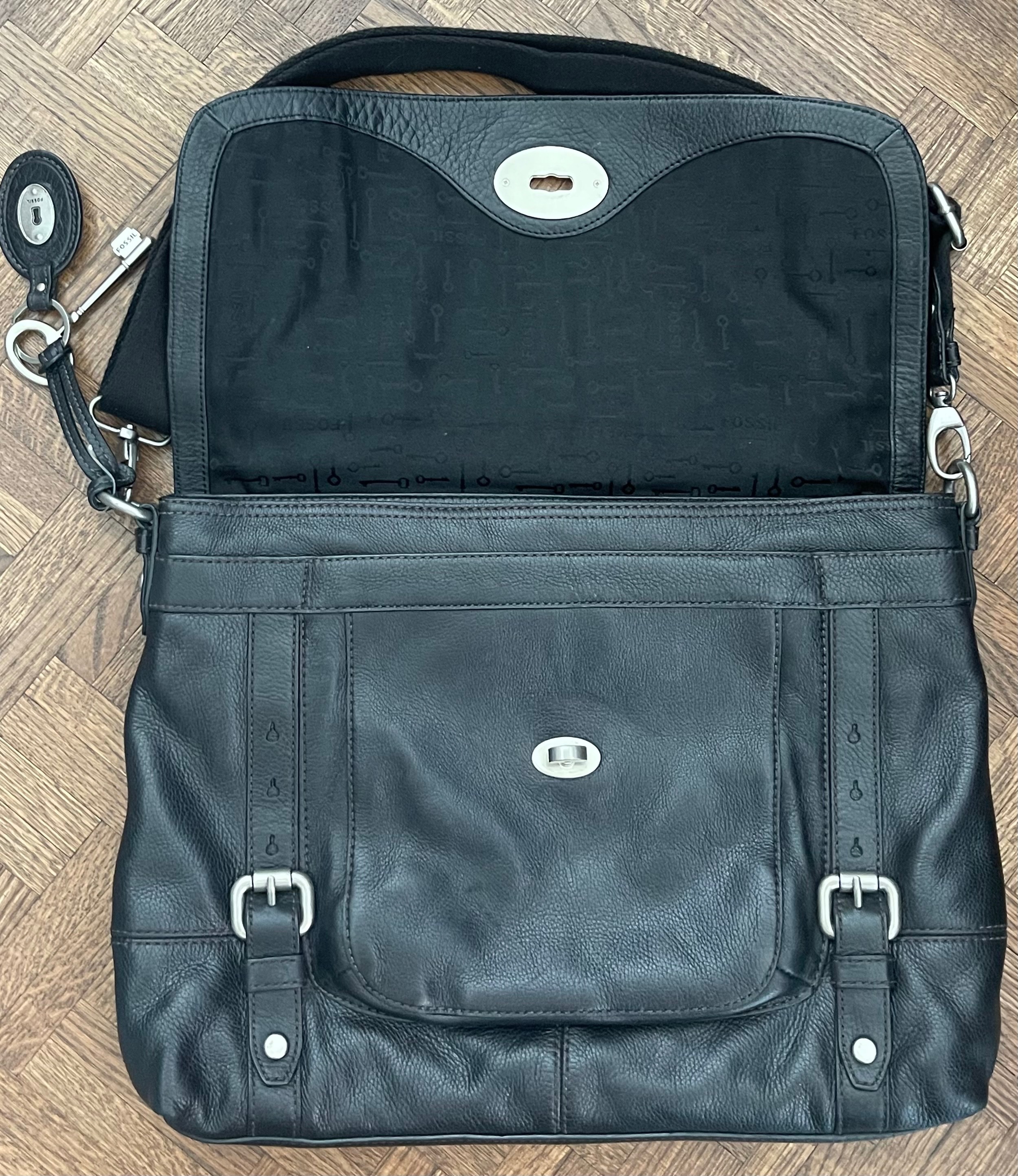 Unused Fossil Maddox Black Leather Messenger Briefcase Bag - photo 2