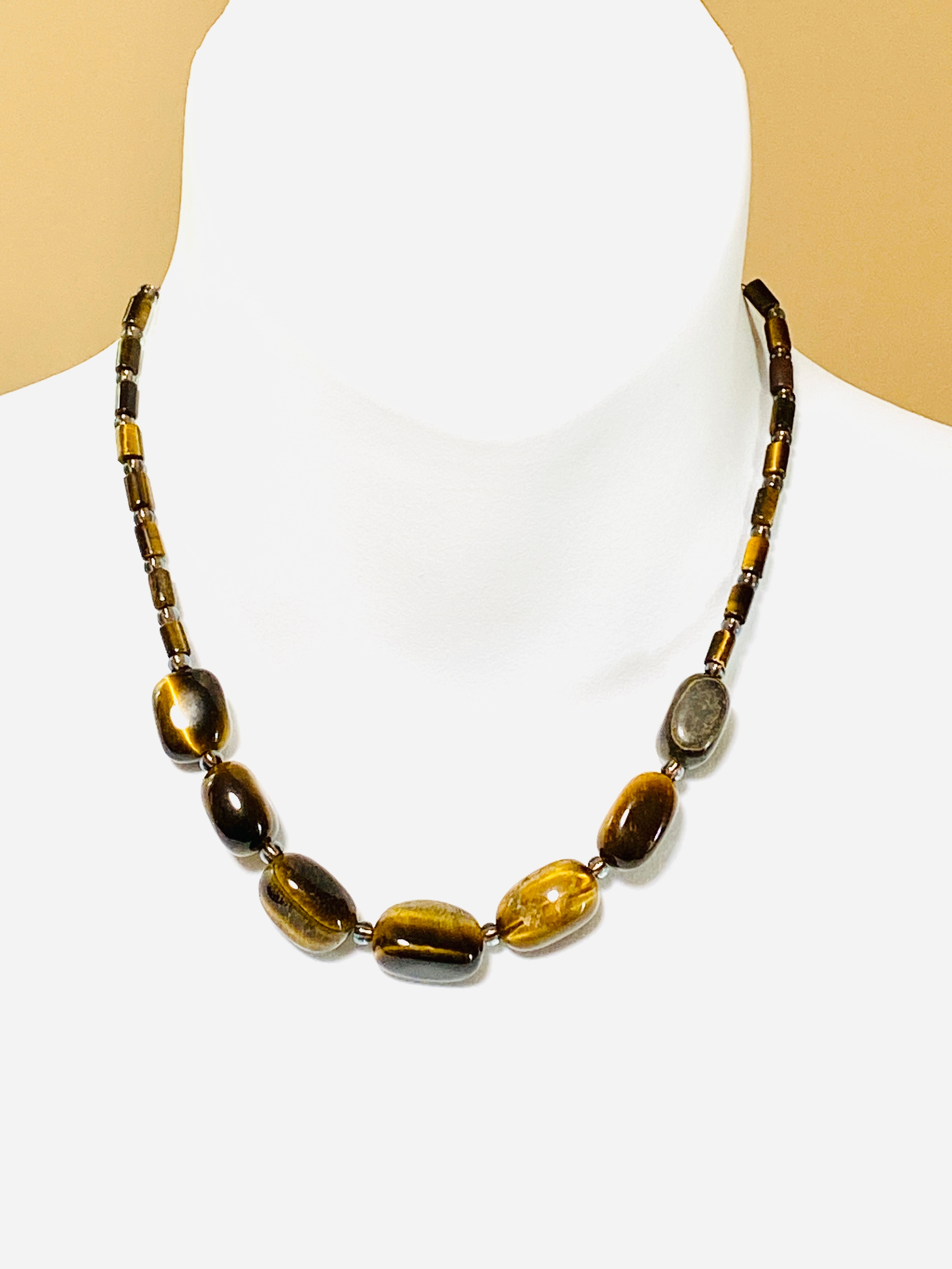 Tiger's Eye Short Necklace, Tumbled Gemstone Beaded Necklace