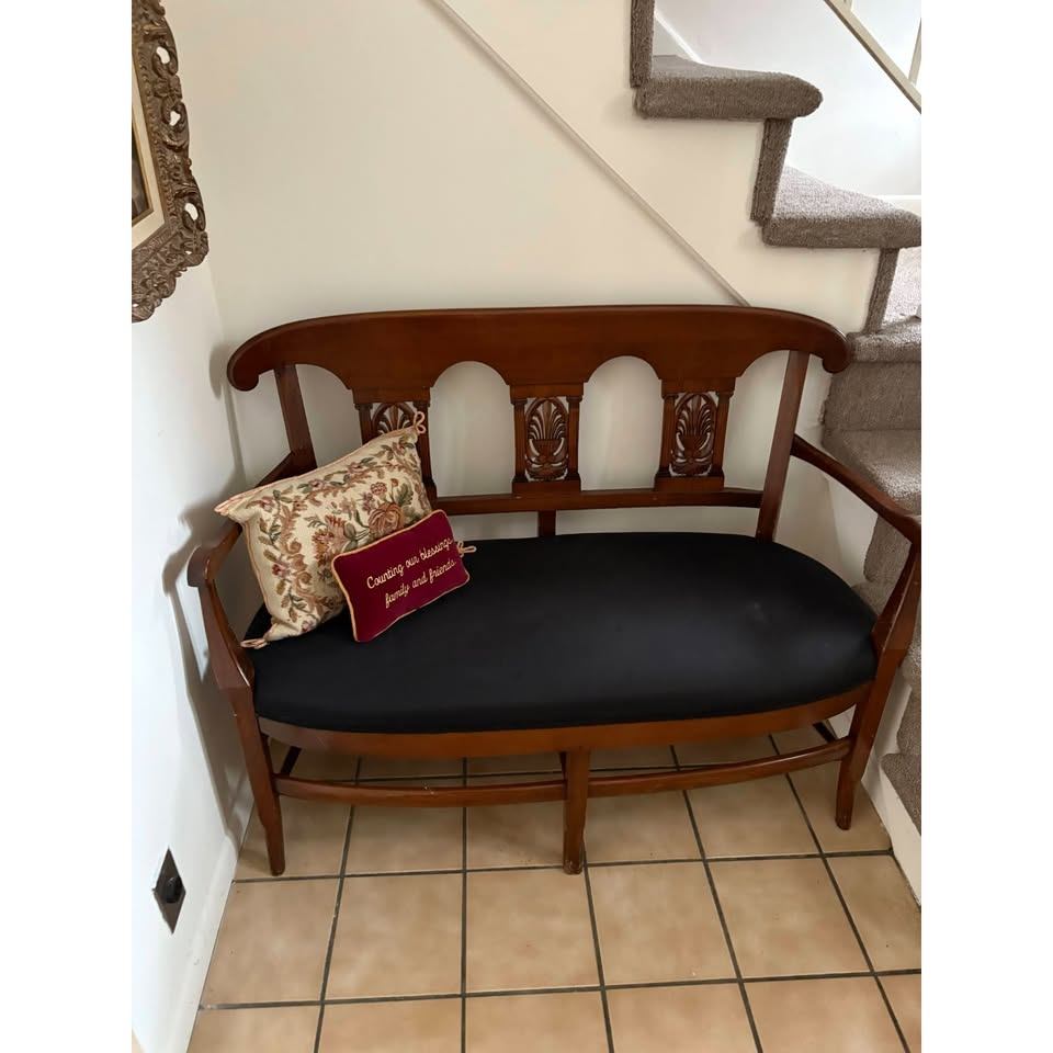 Vintage Queen Anne Mahogany Upholstered Settee Bench