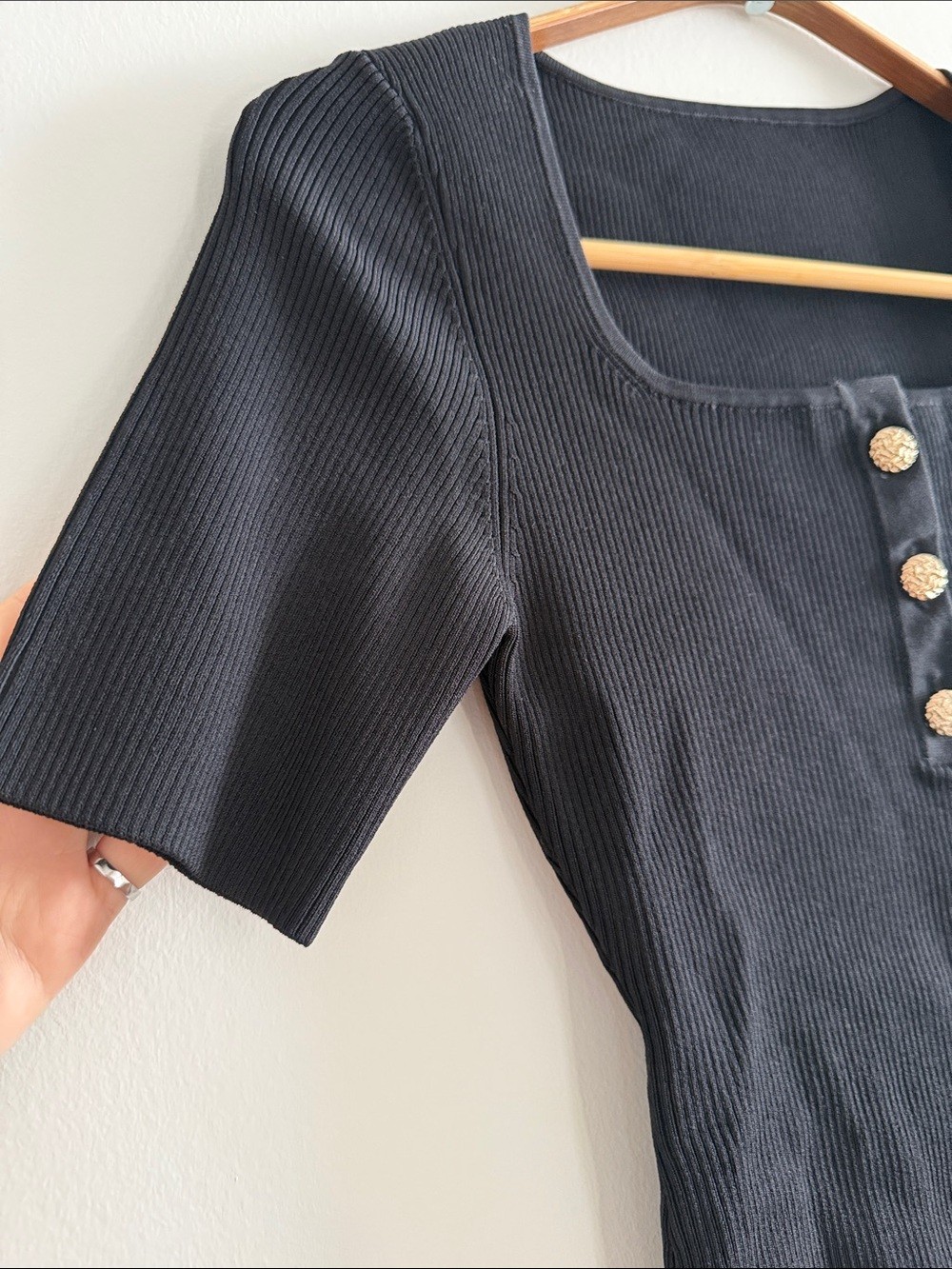 Black Ribbed Square Neck Short Sleeve Top w/ Decorative Buttons - photo 3
