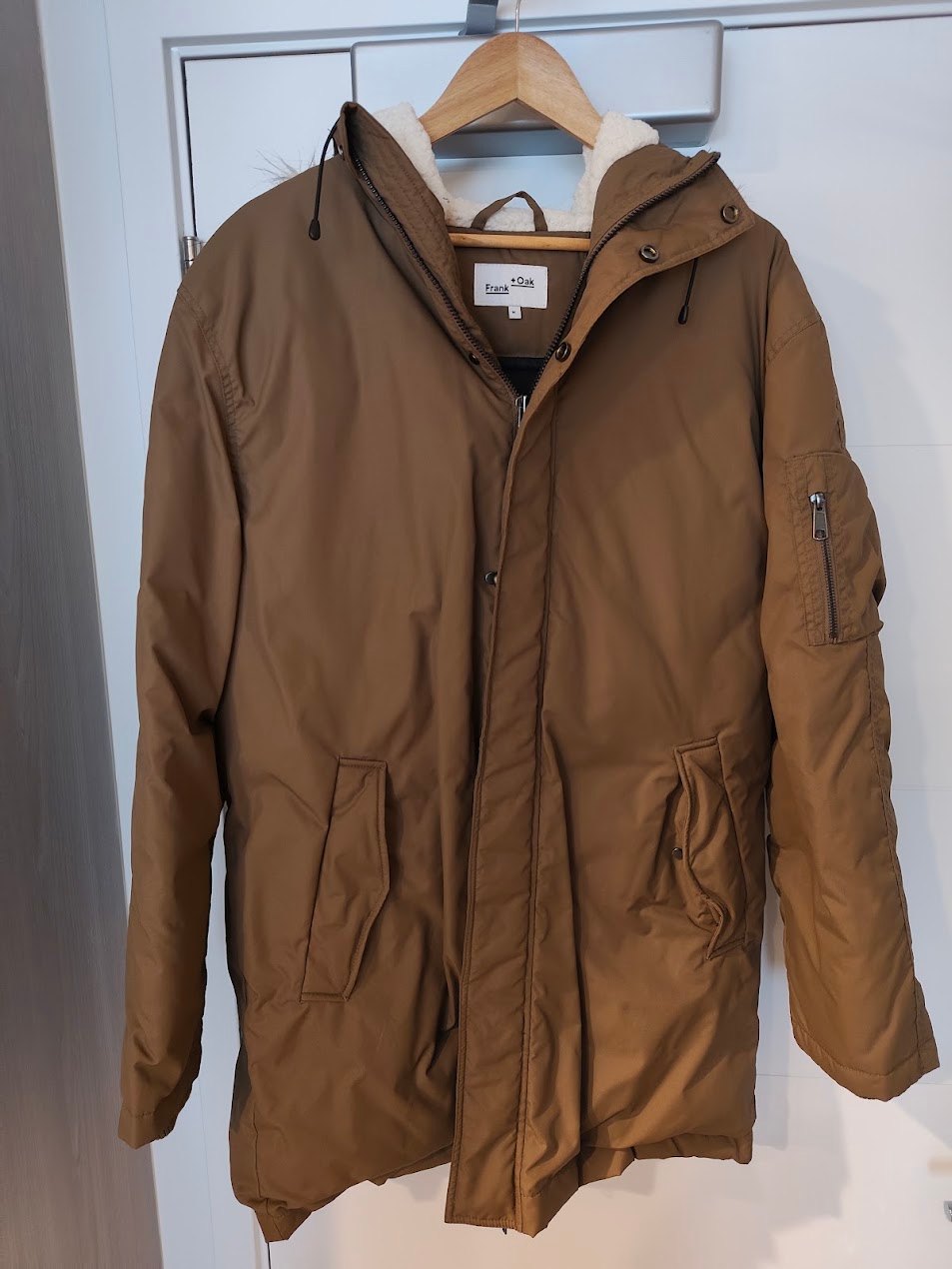 Frank & Oak Tan Hooded Down Parka with Faux Fur Trim (medium)