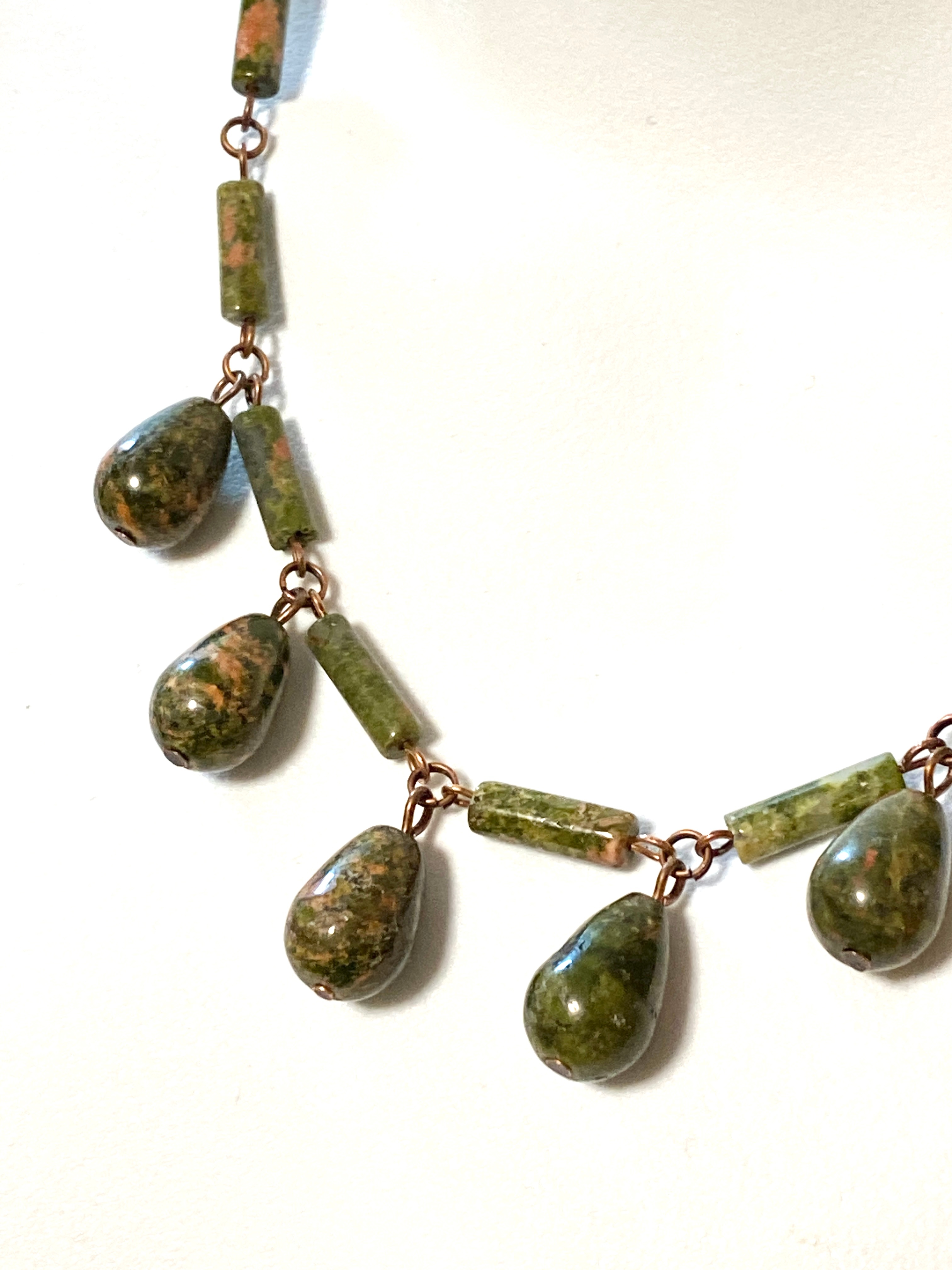 Rustic Natural Green Unakite Necklace, Copper Links