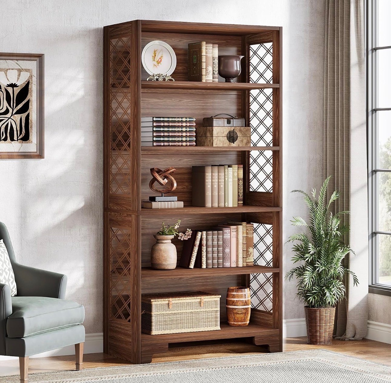 Tall 5-Tier Wooden Bookshelf – Walnut Finish – Brand New - photo 4