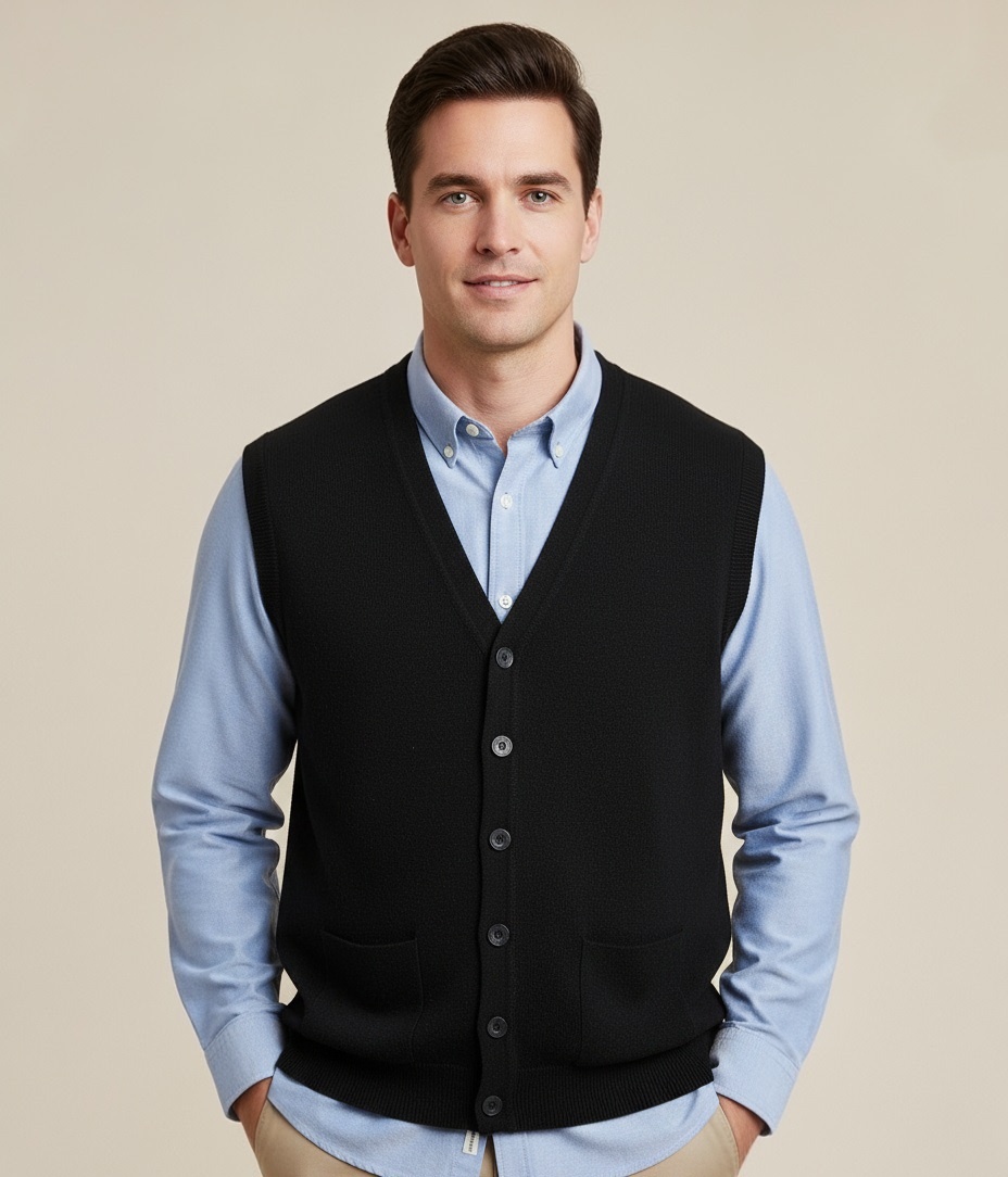 MEN'S V-NECK SLEEVELESS SWEATER WITH BUTTON (44 - BLACK) - photo 2