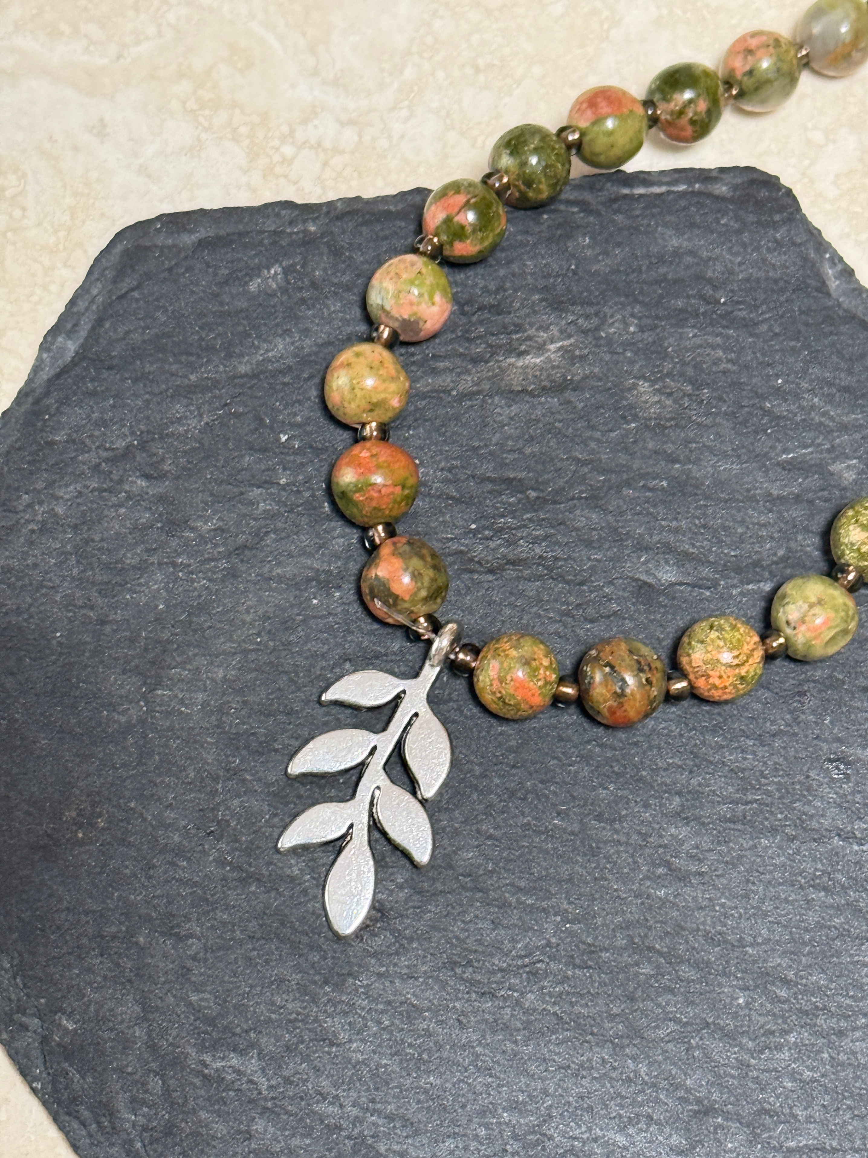 Green Unakite Short Necklace, Silver Leaf Branch Pendant - photo 3