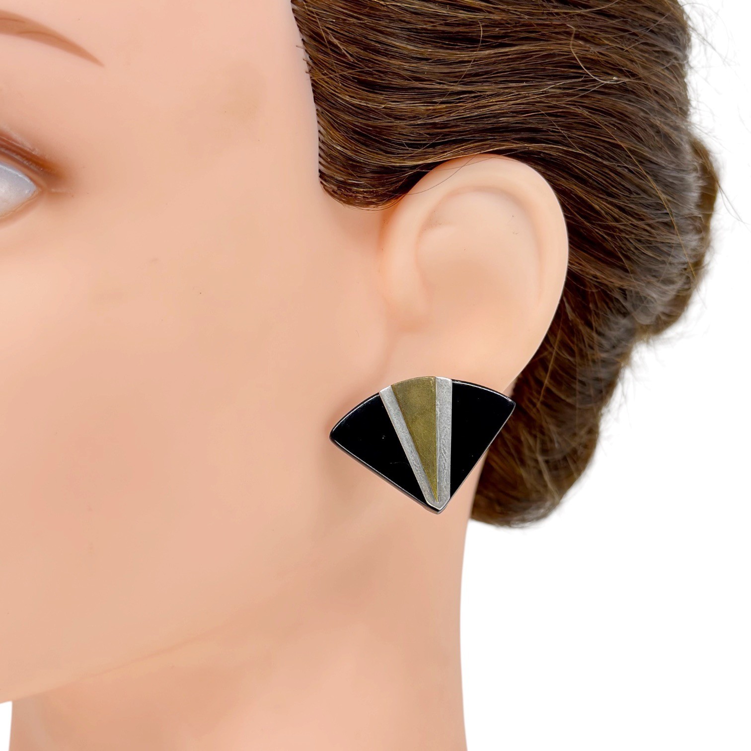 Vintage Sterling silver & brass black lucite clip on earrings - photo 4