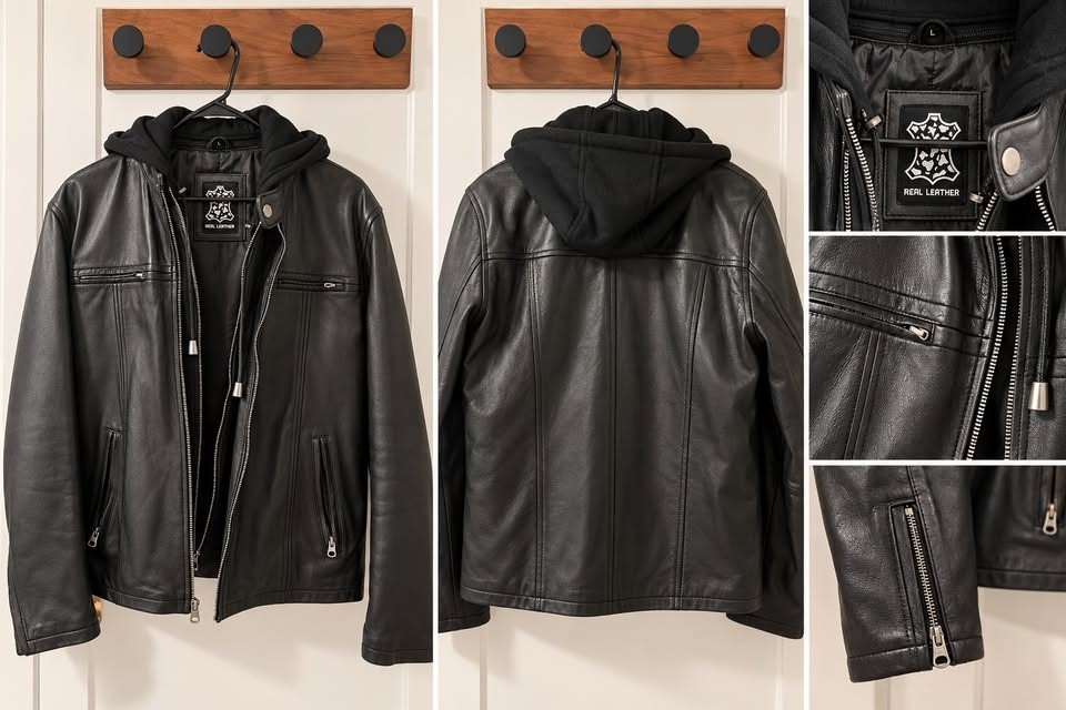 Men’s Black Genuine Leather Jacket w/ Removable Hood – Size L - photo 2