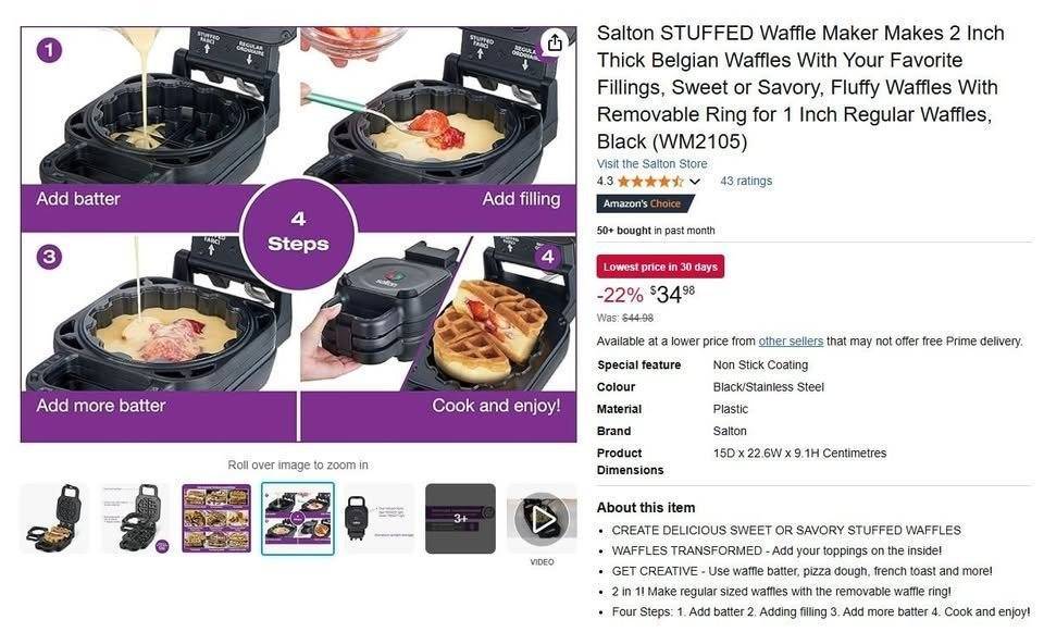 Salton STUFFED Waffle Maker Makes 2 Inch Thick Belgian Waffles