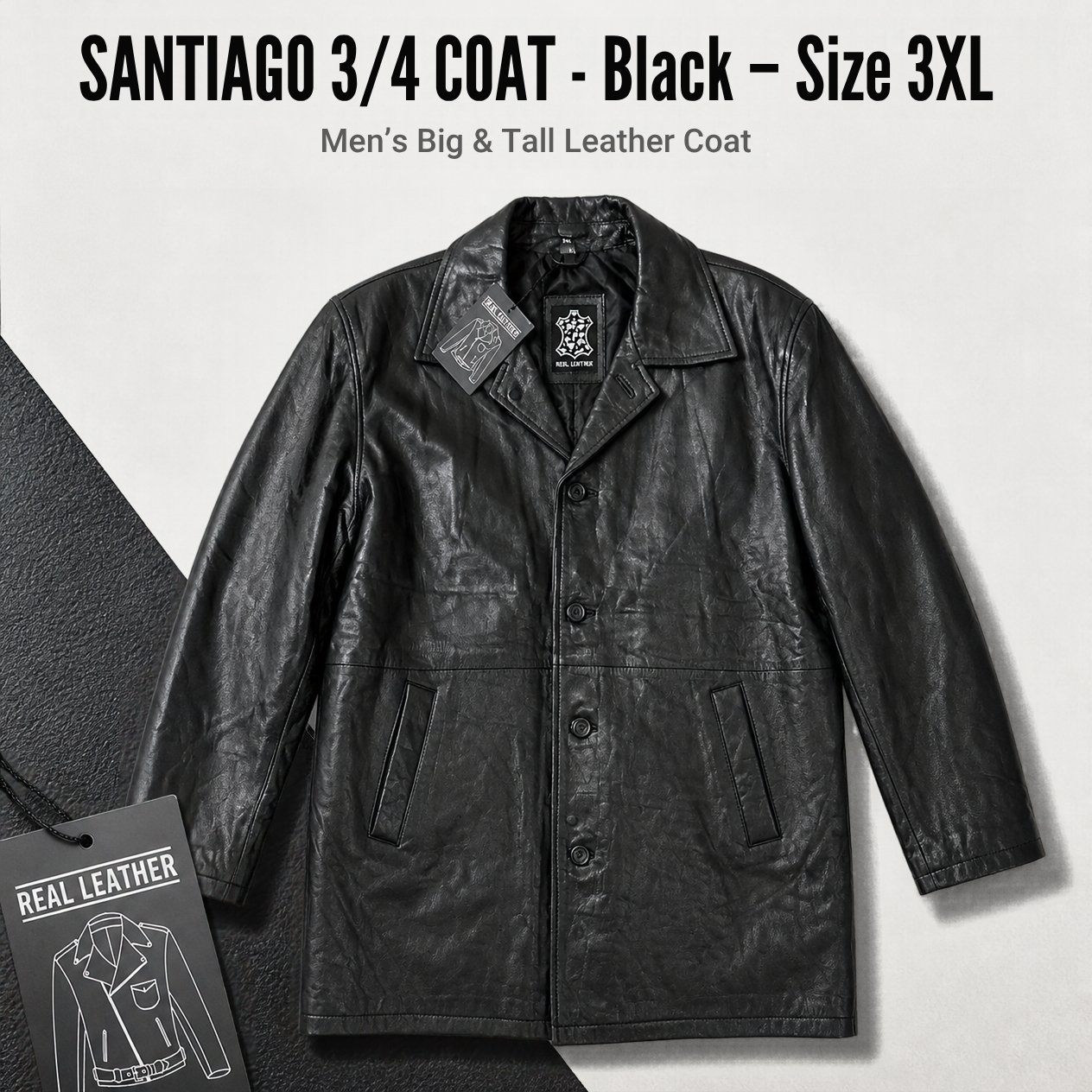 JKT-020 — Men's Santiago 3/4 leather coat — brand new, size 3XL