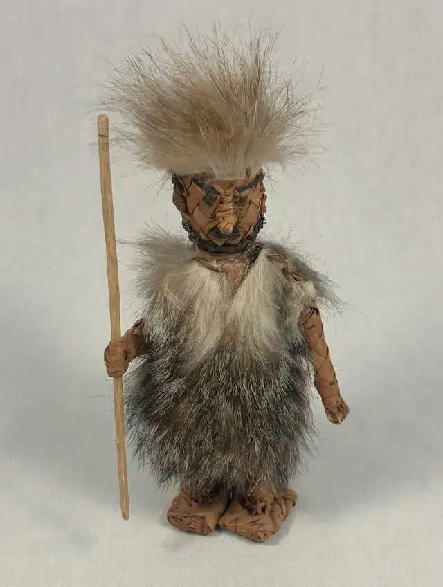 Effigy Figure Tribal Hunter Handcrafted Root Wood Fur