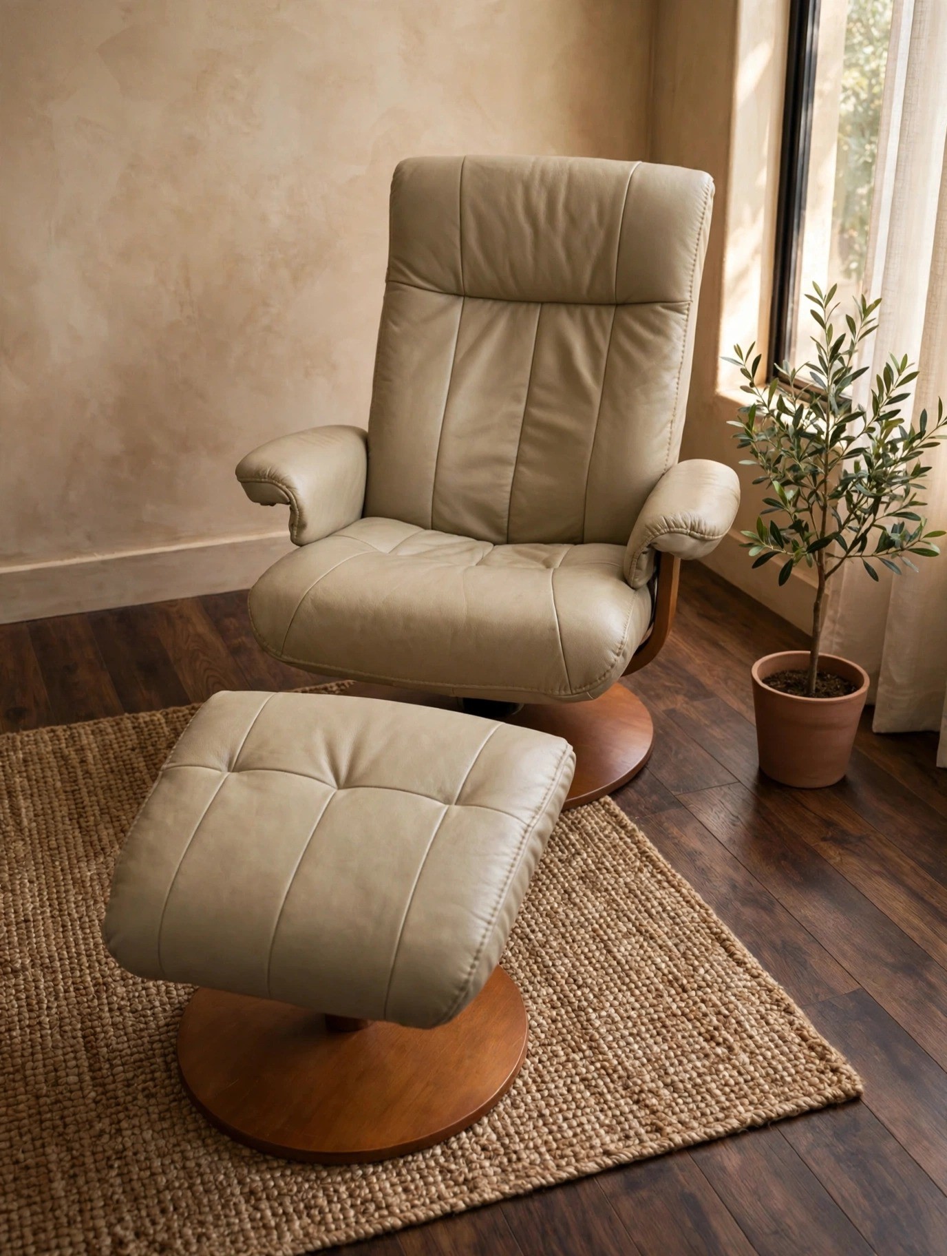 Tan Leather Recliner with Ottoman