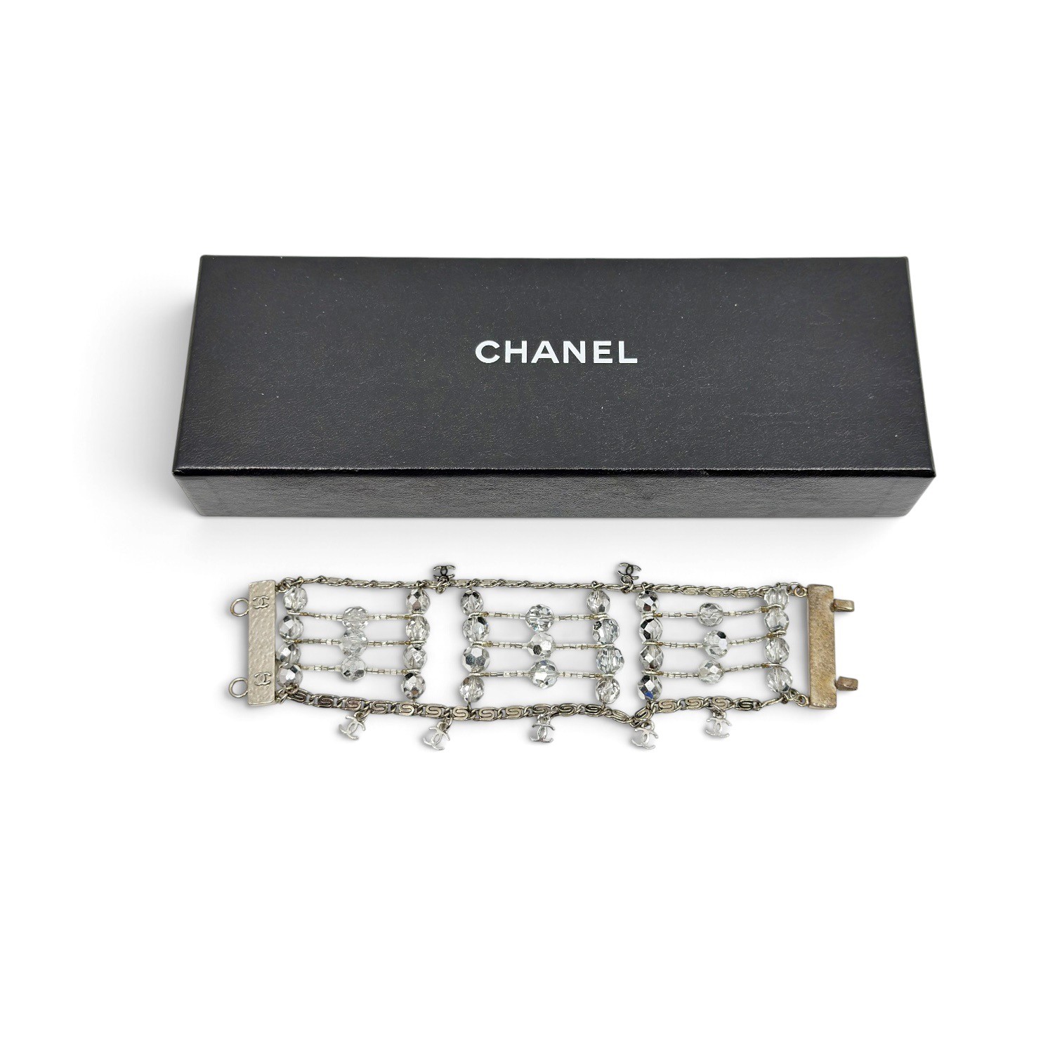 Vintage Chanel CC silver crystal bead Multistrand bracelet