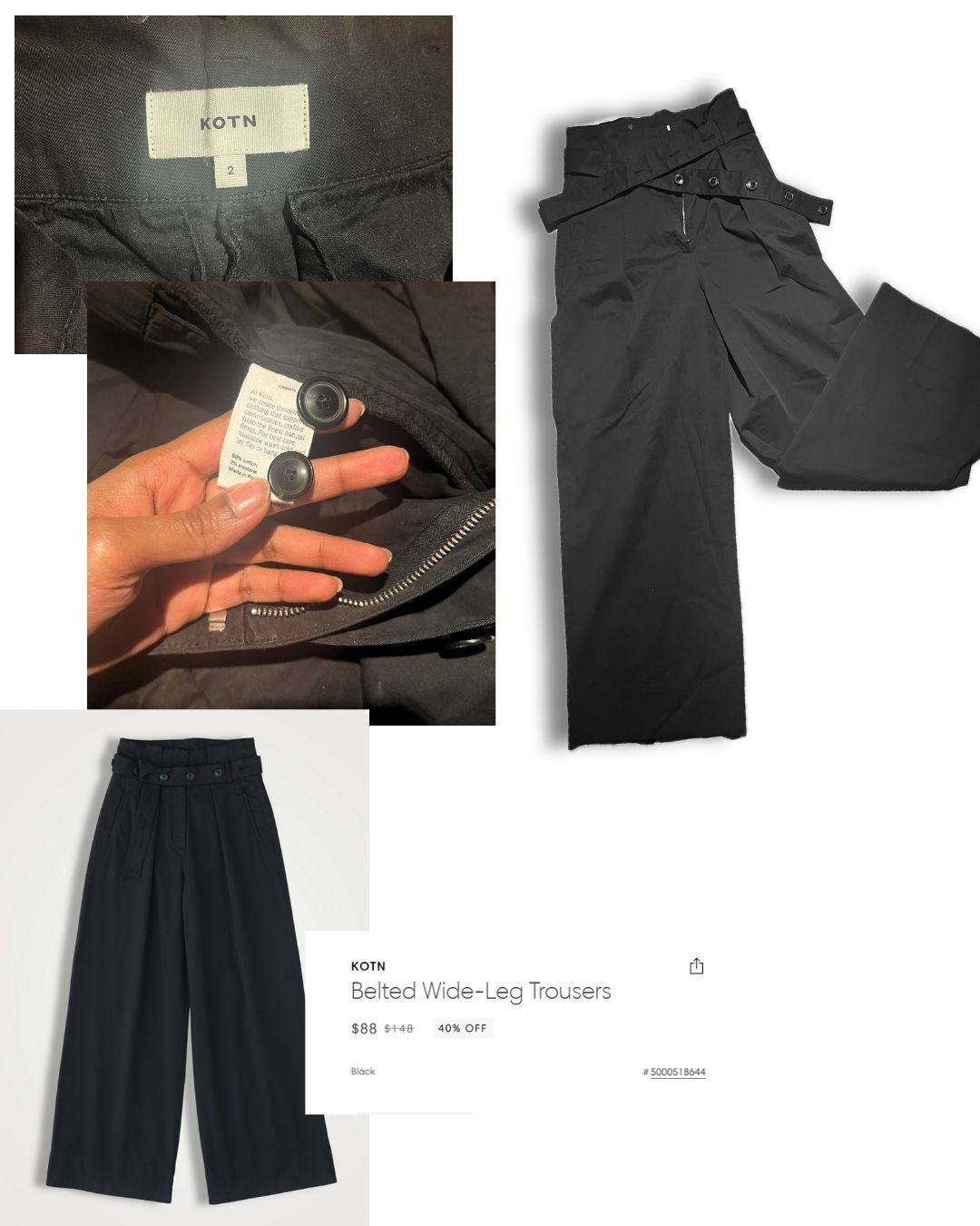 KOTN Belted Wide-leg Trousers, Black, Size 2