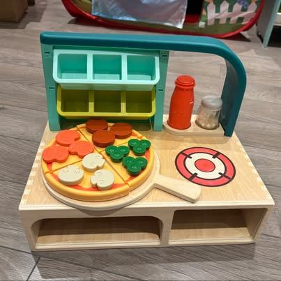 Wooden Pizza Counter Playset - Toy Pizza Oven with Toppings