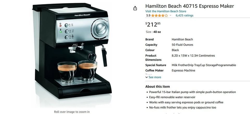 Espresso Maker by Hamilton Beach, for epresso and cappuccino