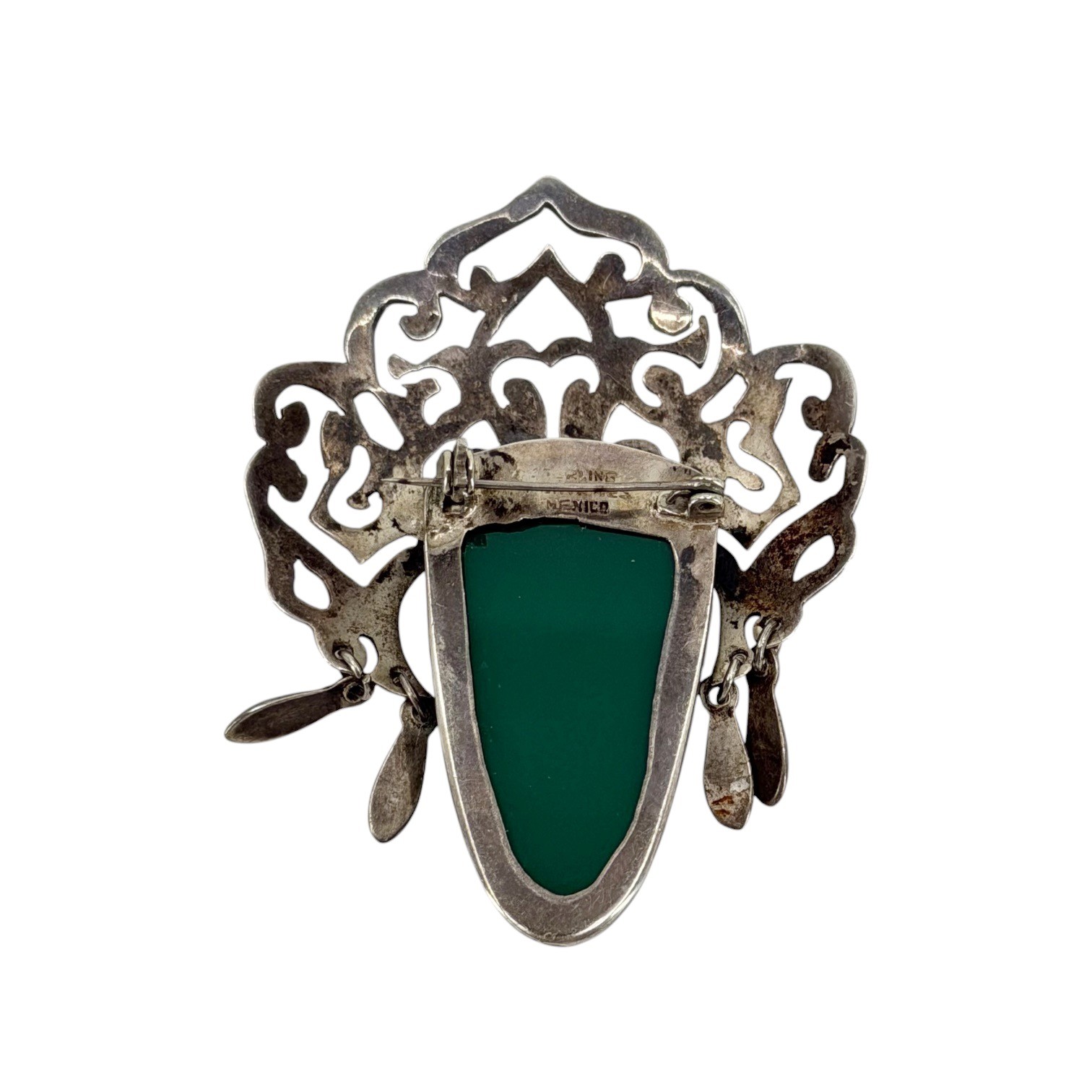 Vintage Mexican sterling silver carved chrysoprase mask brooch - photo 3