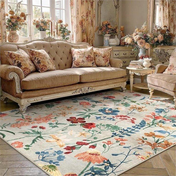 New - 5x7 Washable Area Rug / Carpet - Beige Floral