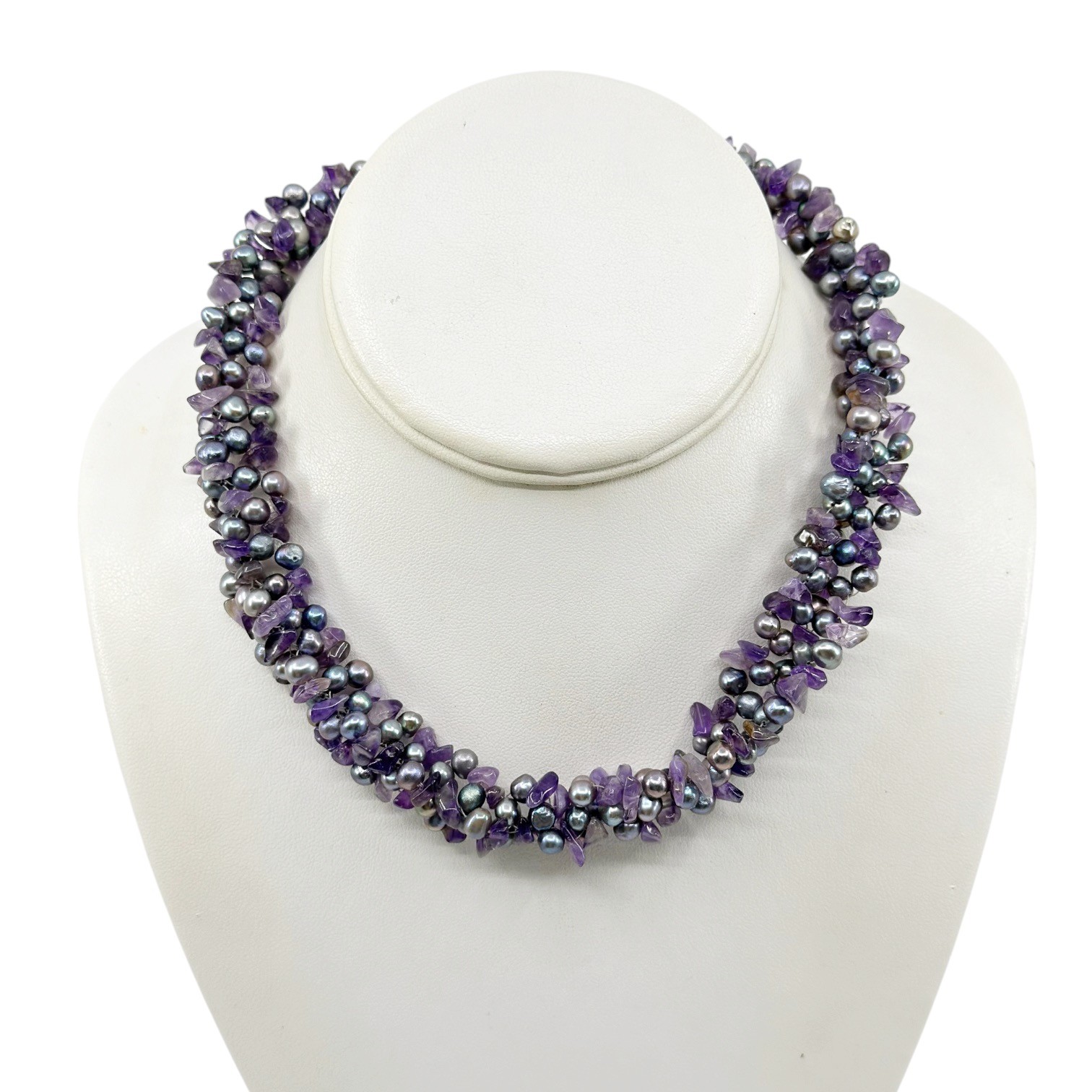 sterling silver pearl & amethyst beads torsade necklace - GM1085