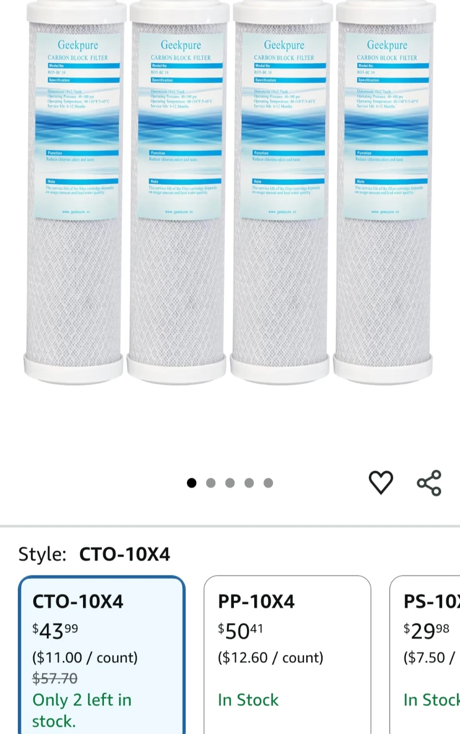 Geekpure 10 Inch Carbon Block Replacement Water Filter Cartridge