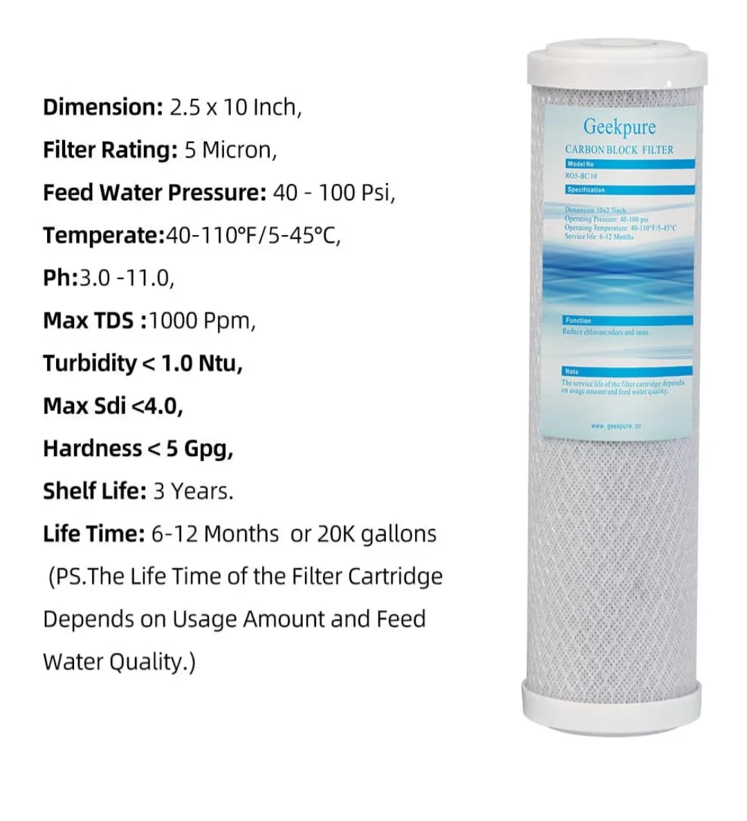 Geekpure 10 Inch Carbon Block Replacement Water Filter Cartridge - photo 2