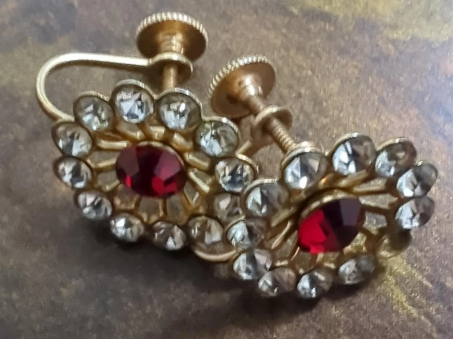 Vintage Gold Tone Screw-Back Earrings with Red and Clear Jewels