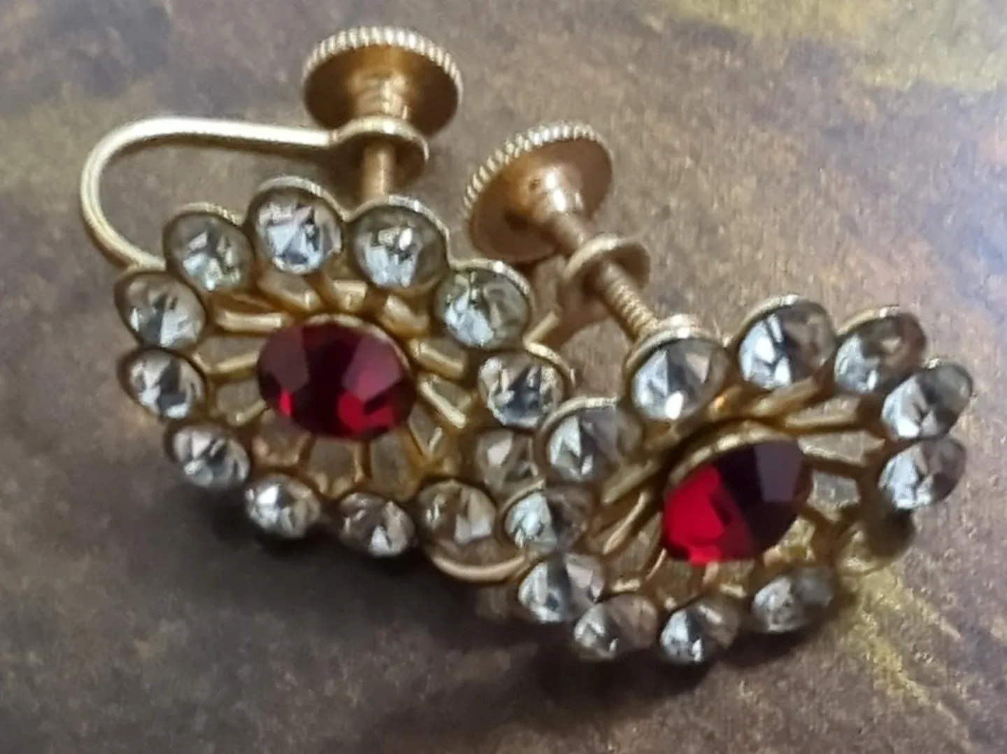 Vintage Gold Tone Screw-Back Earrings with Red and Clear Jewels