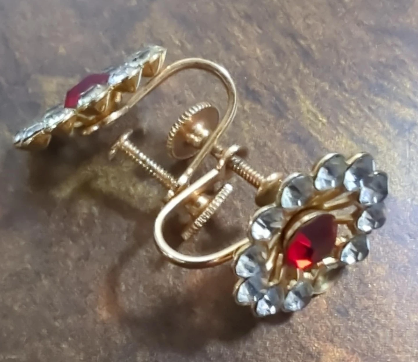 Vintage Gold Tone Screw-Back Earrings with Red and Clear Jewels - photo 2