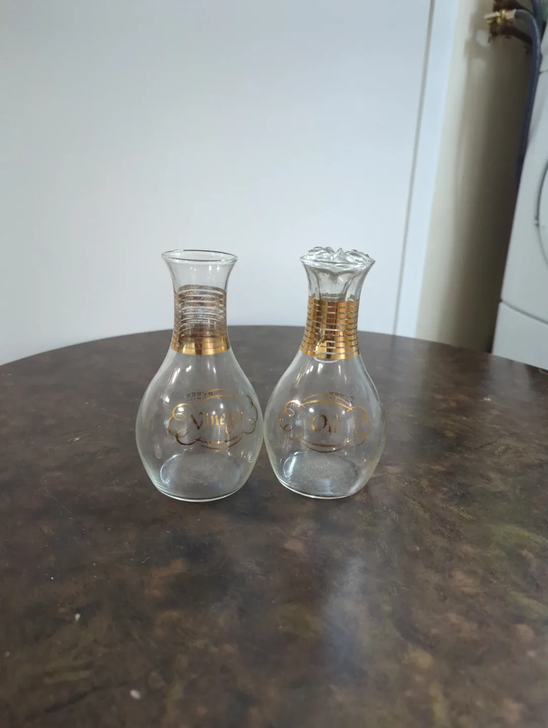 Glass Vinegar and Oil Cruet Set with Gold Trim