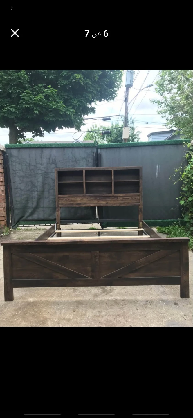 Dark Wood Bed Frame with Headboard Shelves