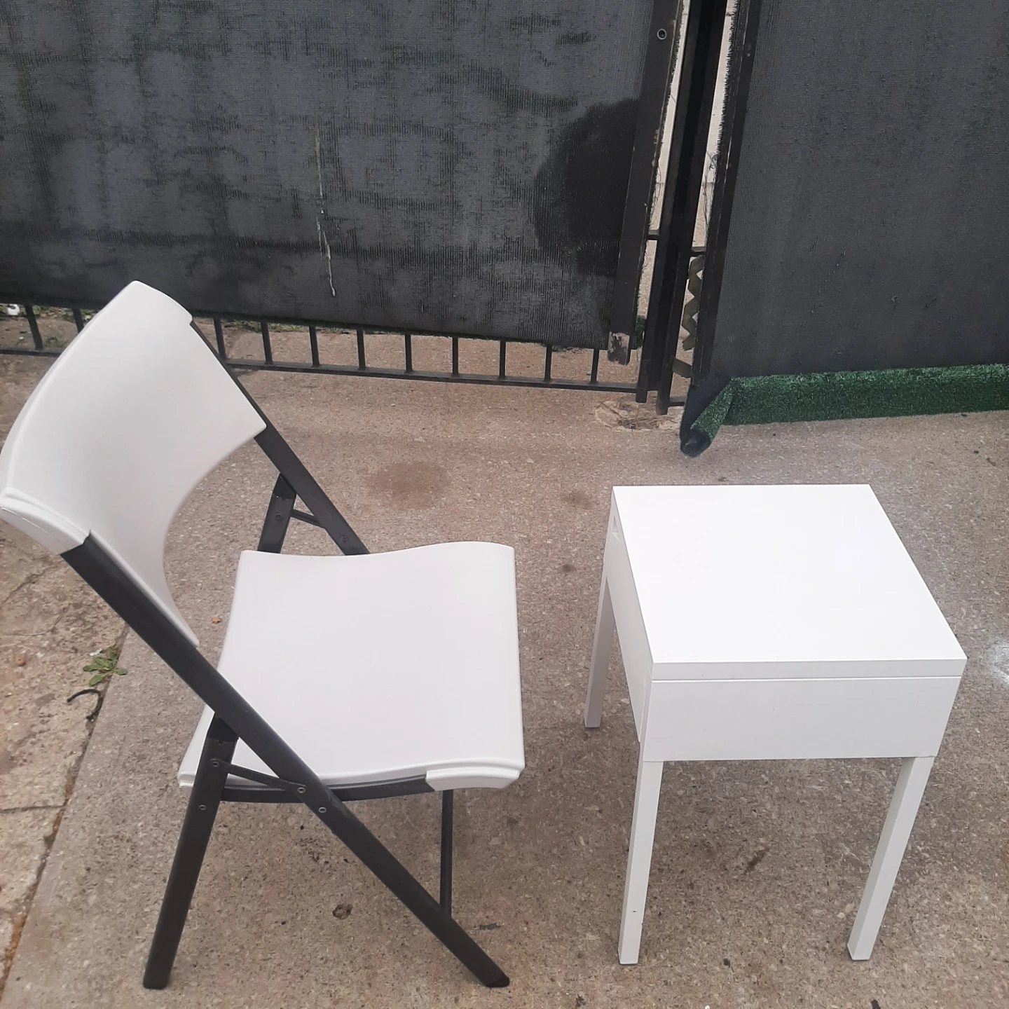 White Folding Chair and Side Table with Drawer
