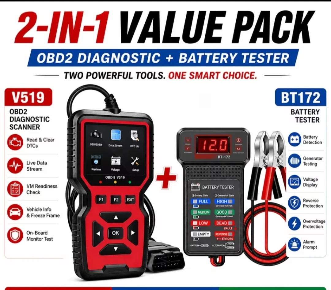 2-in-1 Car Diagnostic Kit: OBD2 Scanner (V519) + Battery Tester