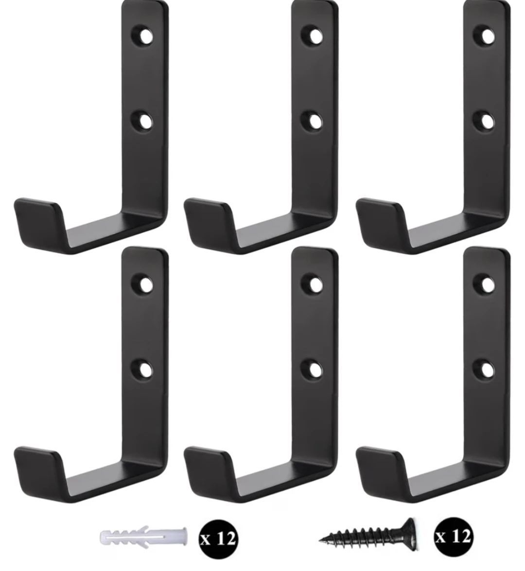 Set of 6 Black J-Shaped Wall Hooks