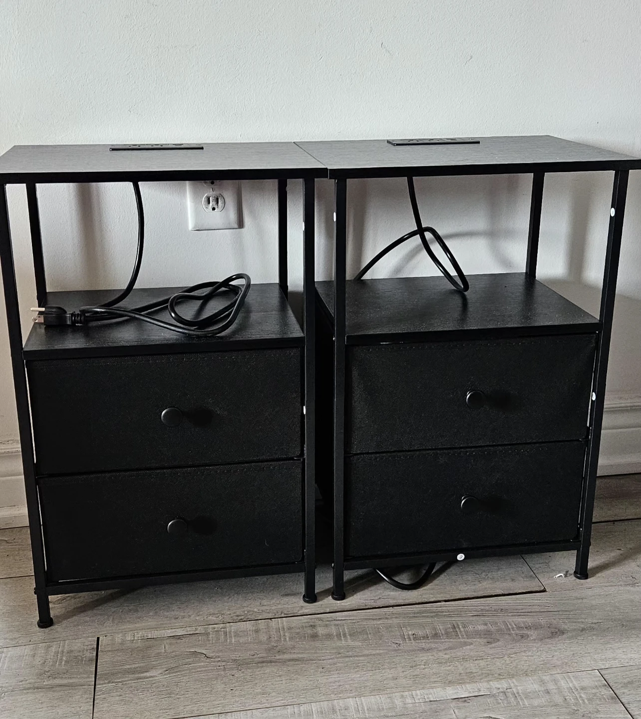 Black 2-Drawer Nightstand with Power Outlets and USB Ports