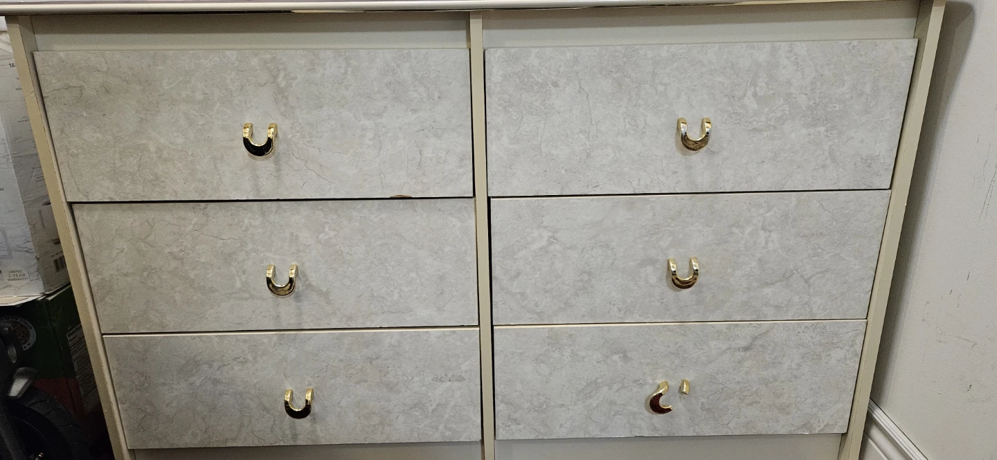 Marble-Look Dresser with Gold Handles and Marble-look Nightstand