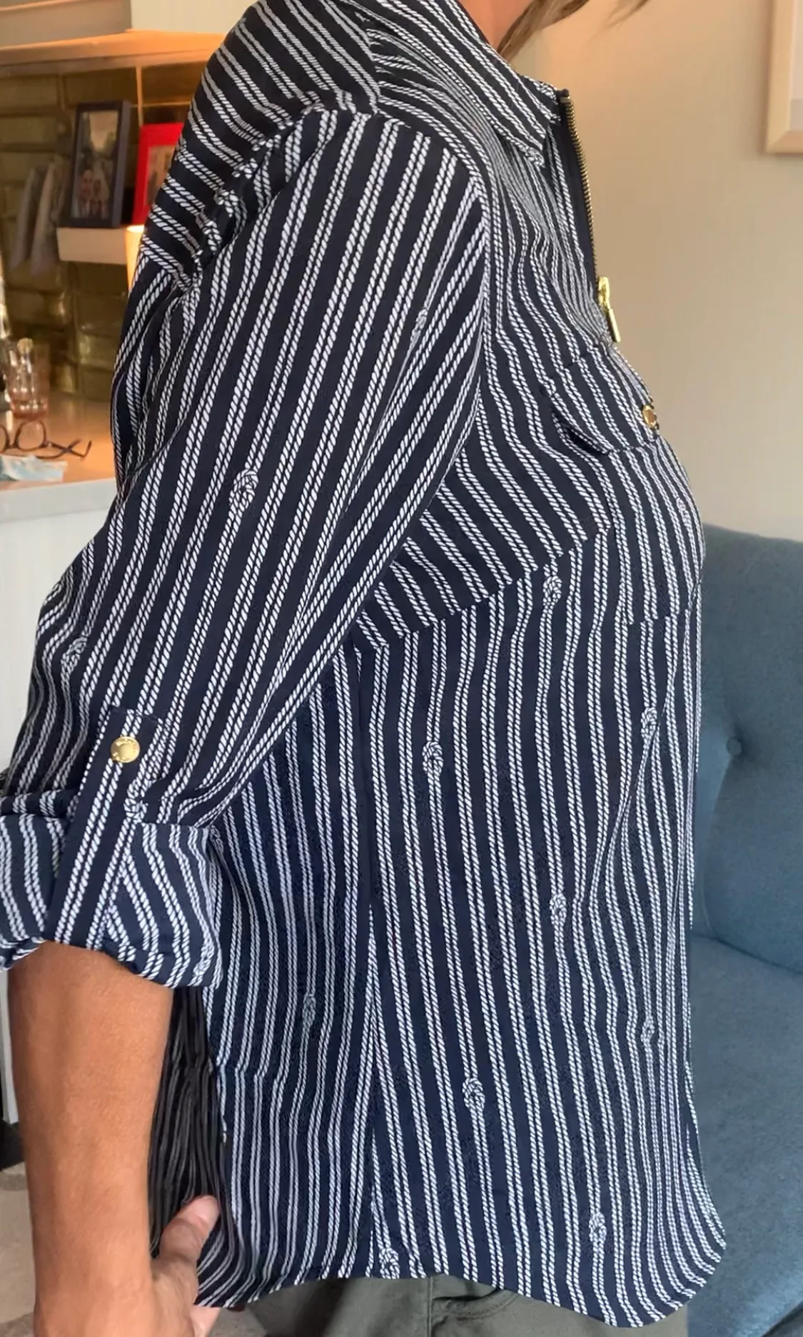 Michael Kors Nautical Striped Zip-Up Shirt w/ Gold Hardware image indicator(5)