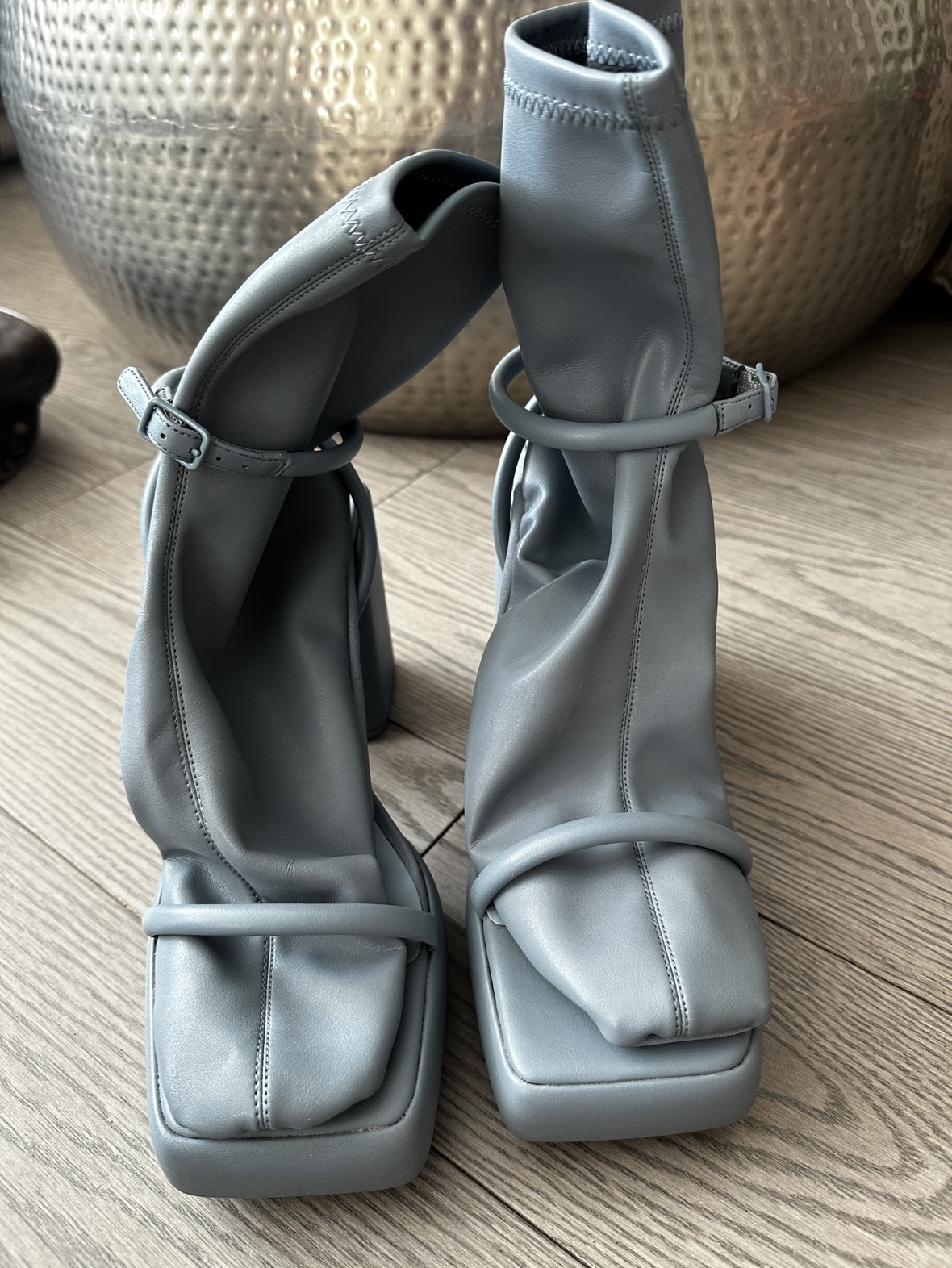Blue Leather Block Heel Sandals with removable leather socks