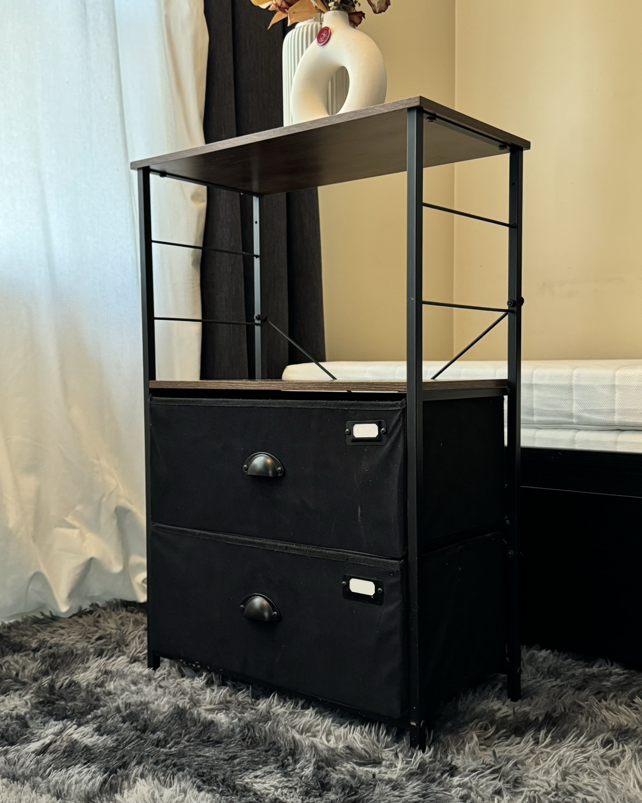 Black Metal and Wood Side Table with 2 Drawers - photo 4
