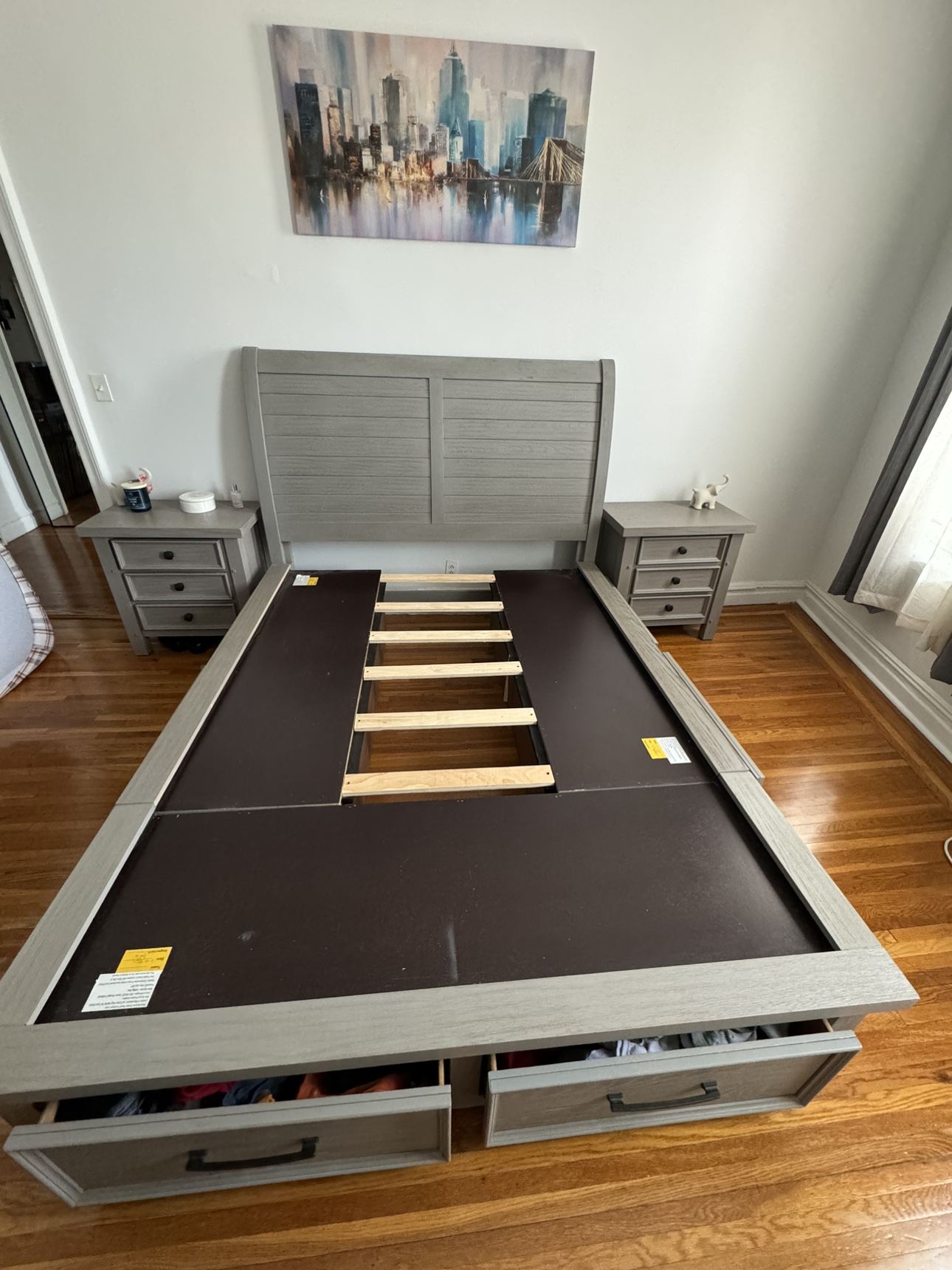 Queen size Grey bed frame with two nightstand and book shelf