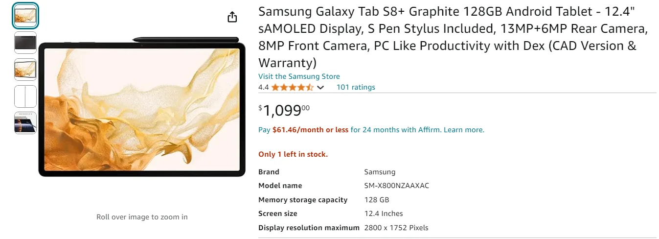 Samsung Galaxy Tab S8+ 128GB Android Tablet thumbnail