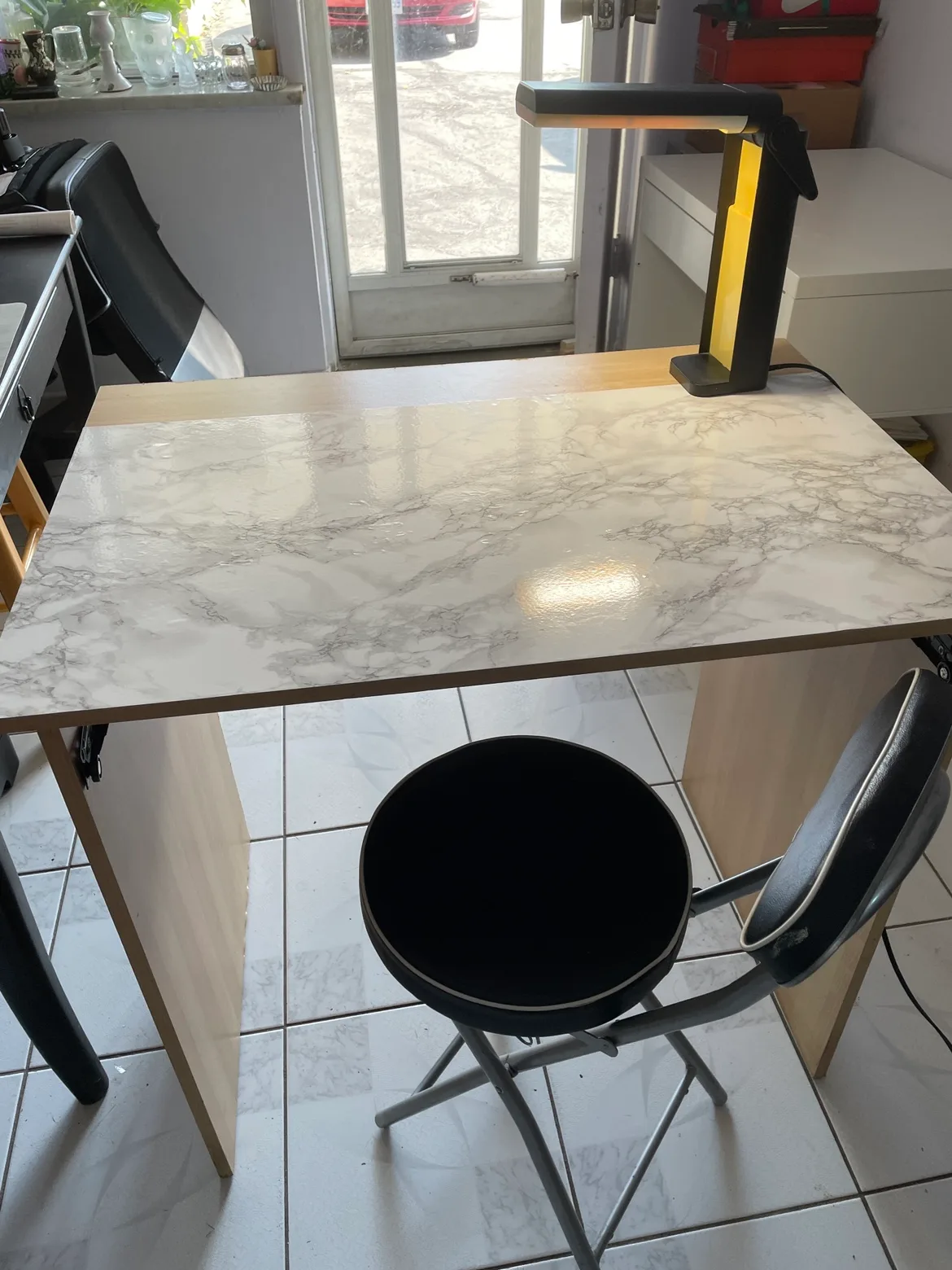 Small Ikea Desk with Stool and Lamp thumbnail