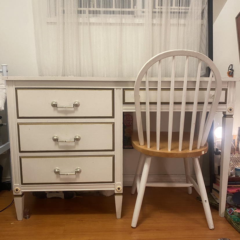 White vintage desk + chair