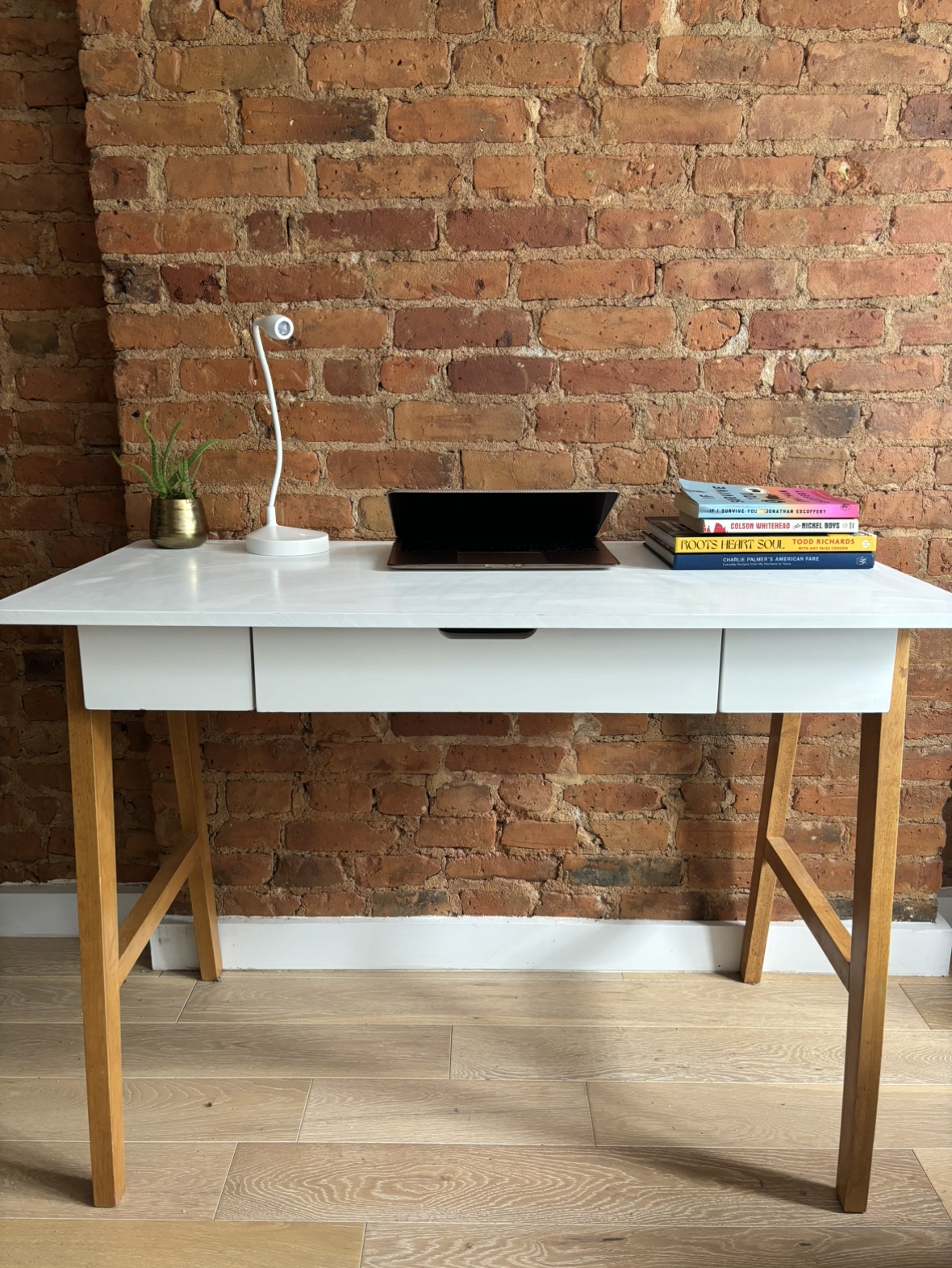 Modern White Desk with Wood Legs